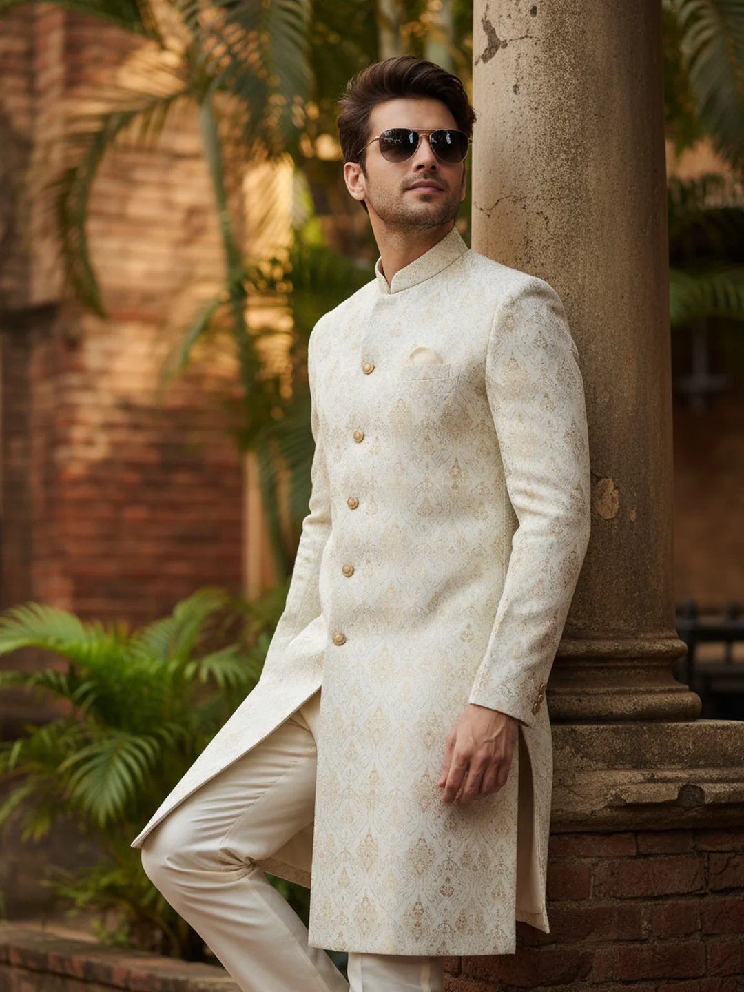 Ivory Gold Brocade Sherwani Trouser Set - Image 2
