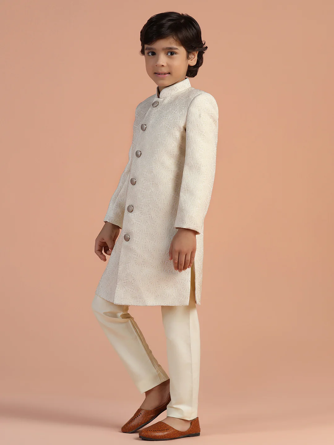 Ivory Jacquard Kids Sherwani Set - Image 2