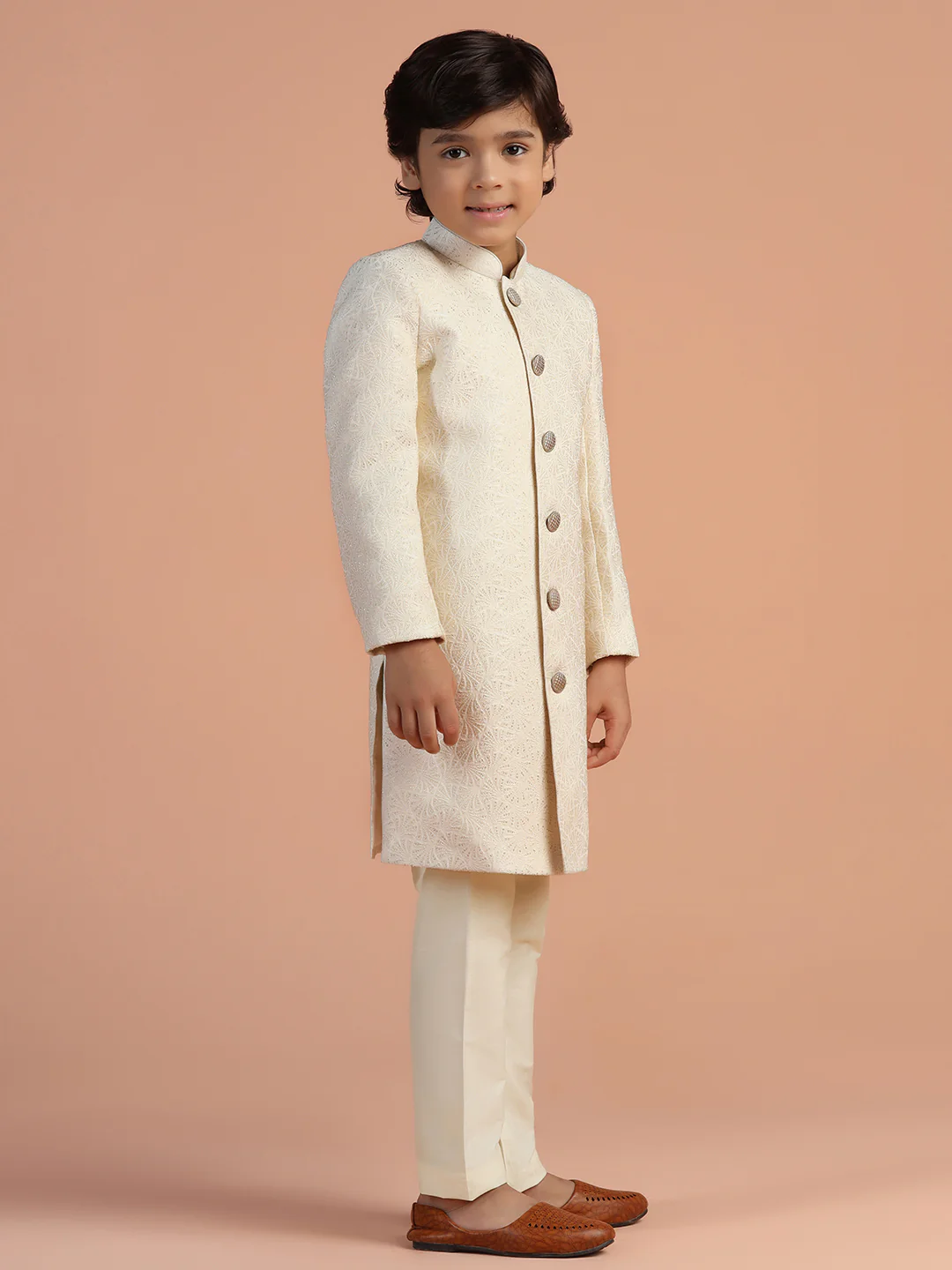 Ivory Jacquard Kids Sherwani Set - Image 3