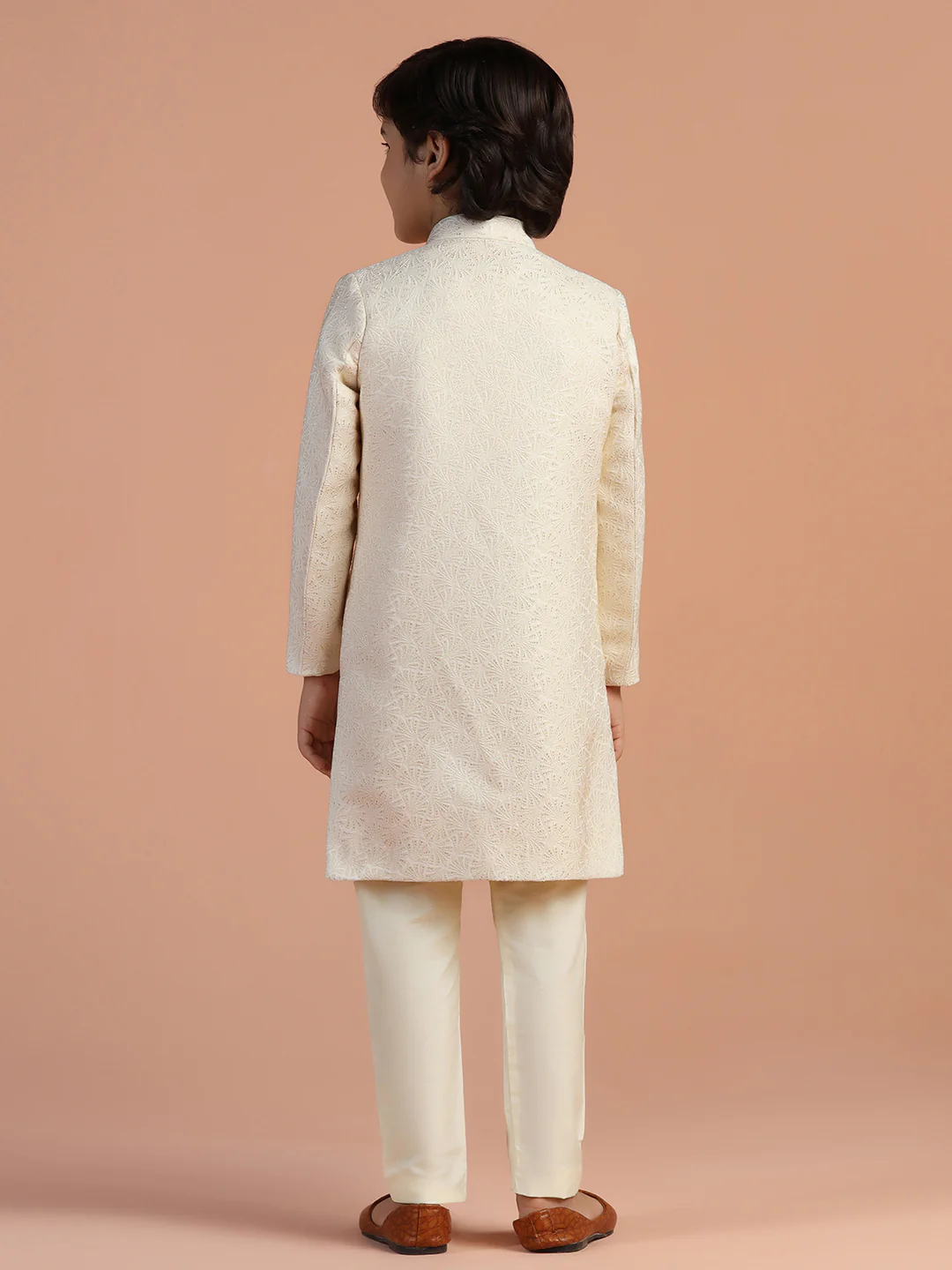 Ivory Jacquard Kids Sherwani Set - Image 4