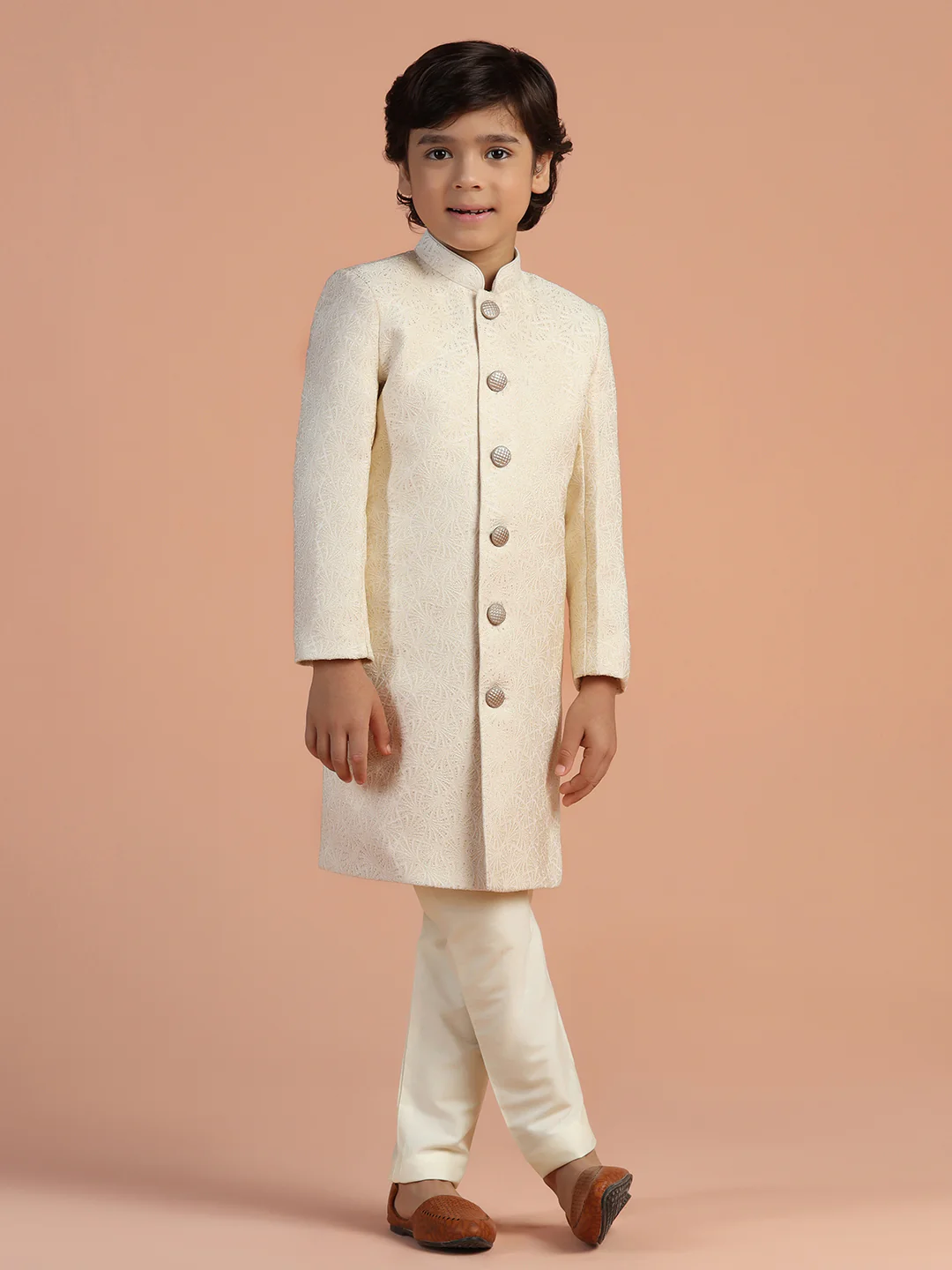 Ivory Jacquard Kids Sherwani Set - Image 7