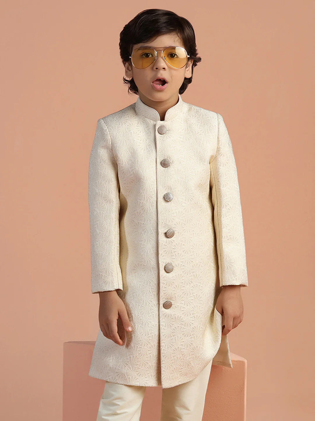 Ivory Jacquard Kids Sherwani Set - Image 8