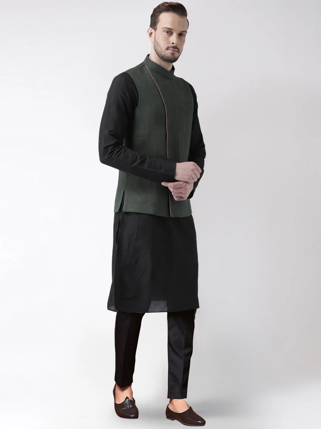 Men's Green Kurta Jacket Trousers Set - Image 2