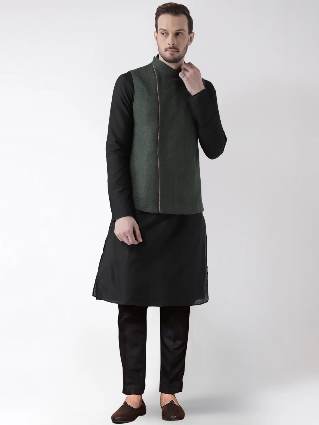 Men's Green Kurta Jacket Trousers Set - Image 7