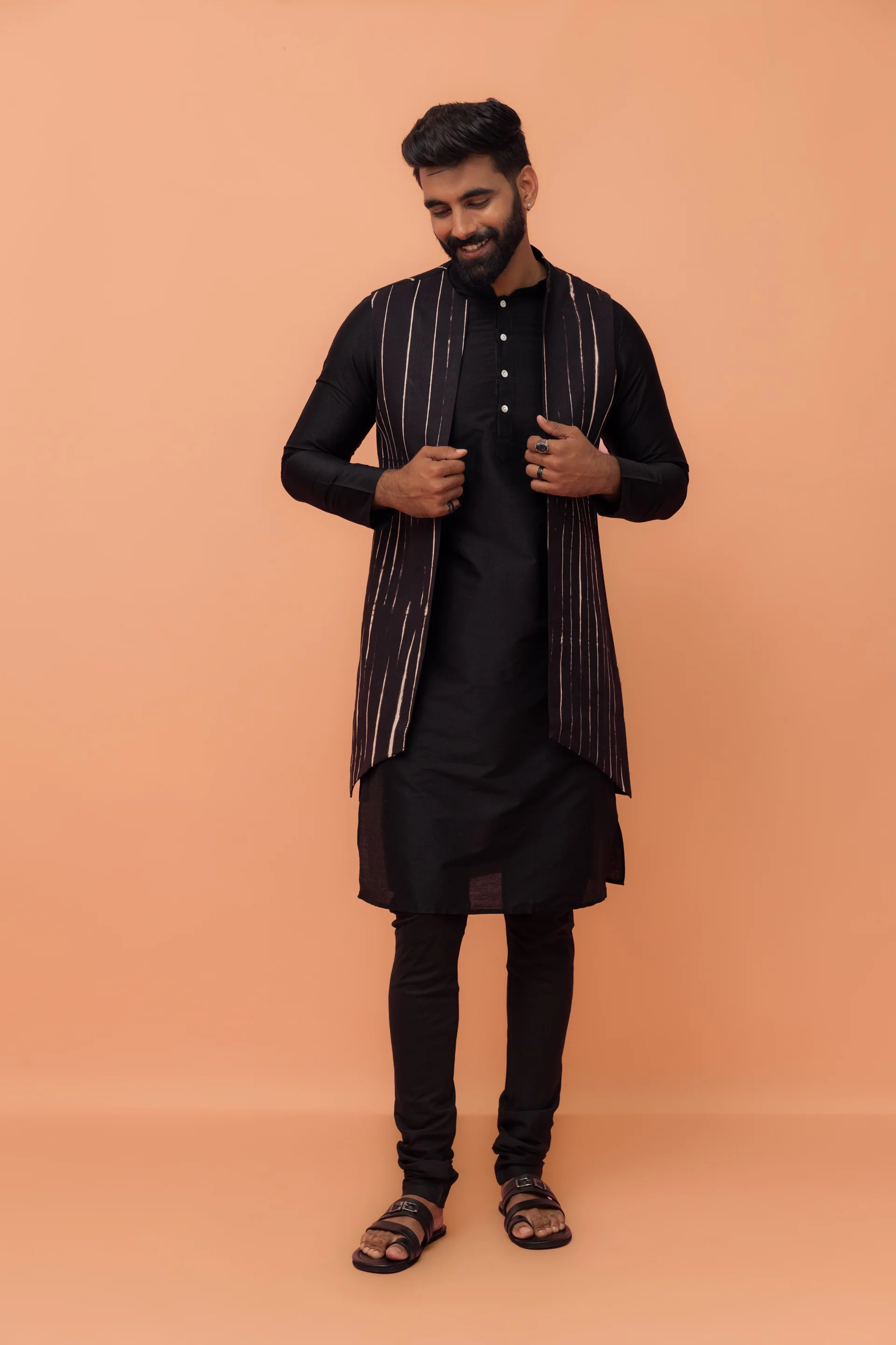 Black Striped Jacket Kurta Churidar Set - Image 8