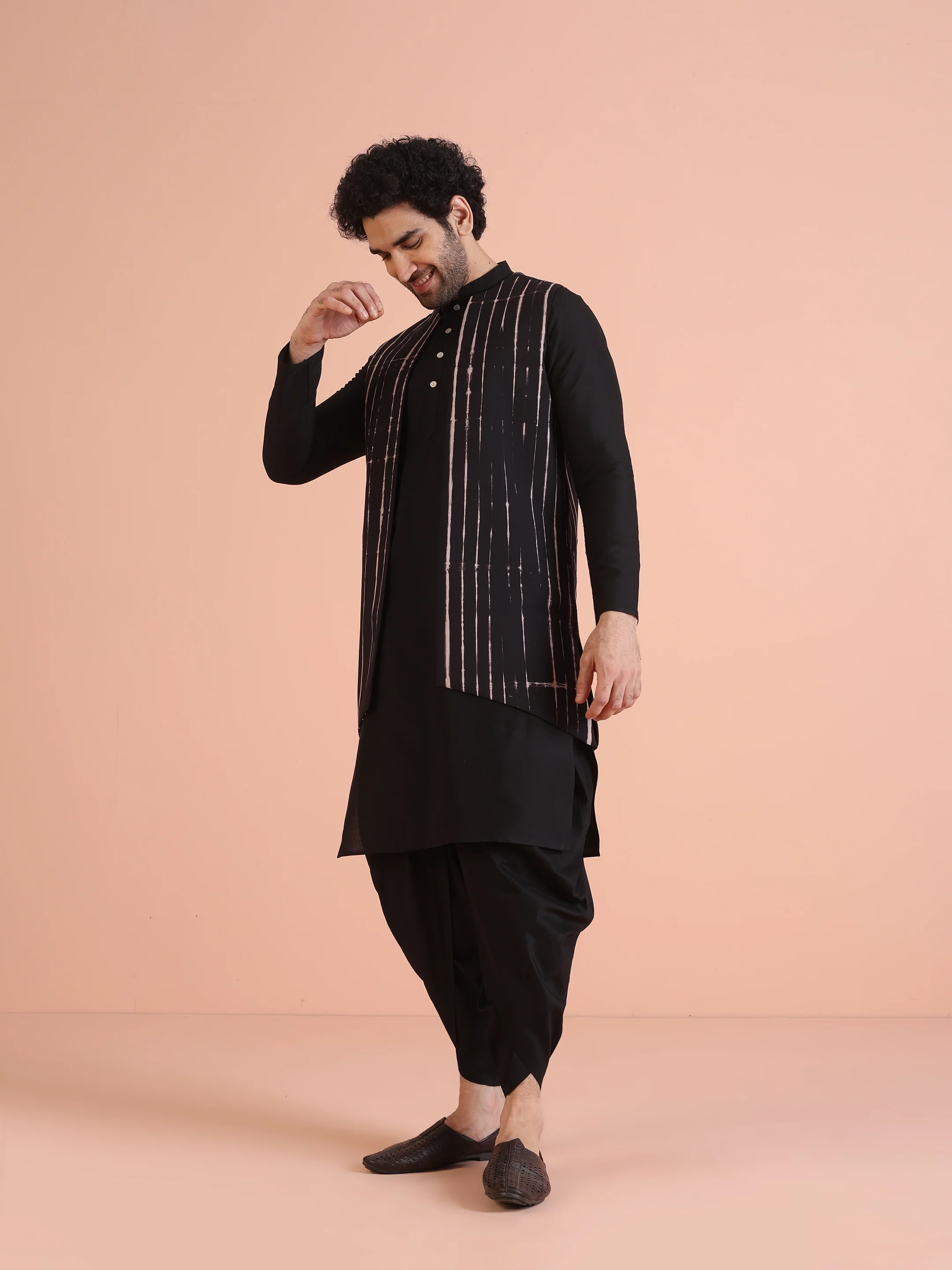 Black Printed Jacket Kurta Dhoti Set - Image 4