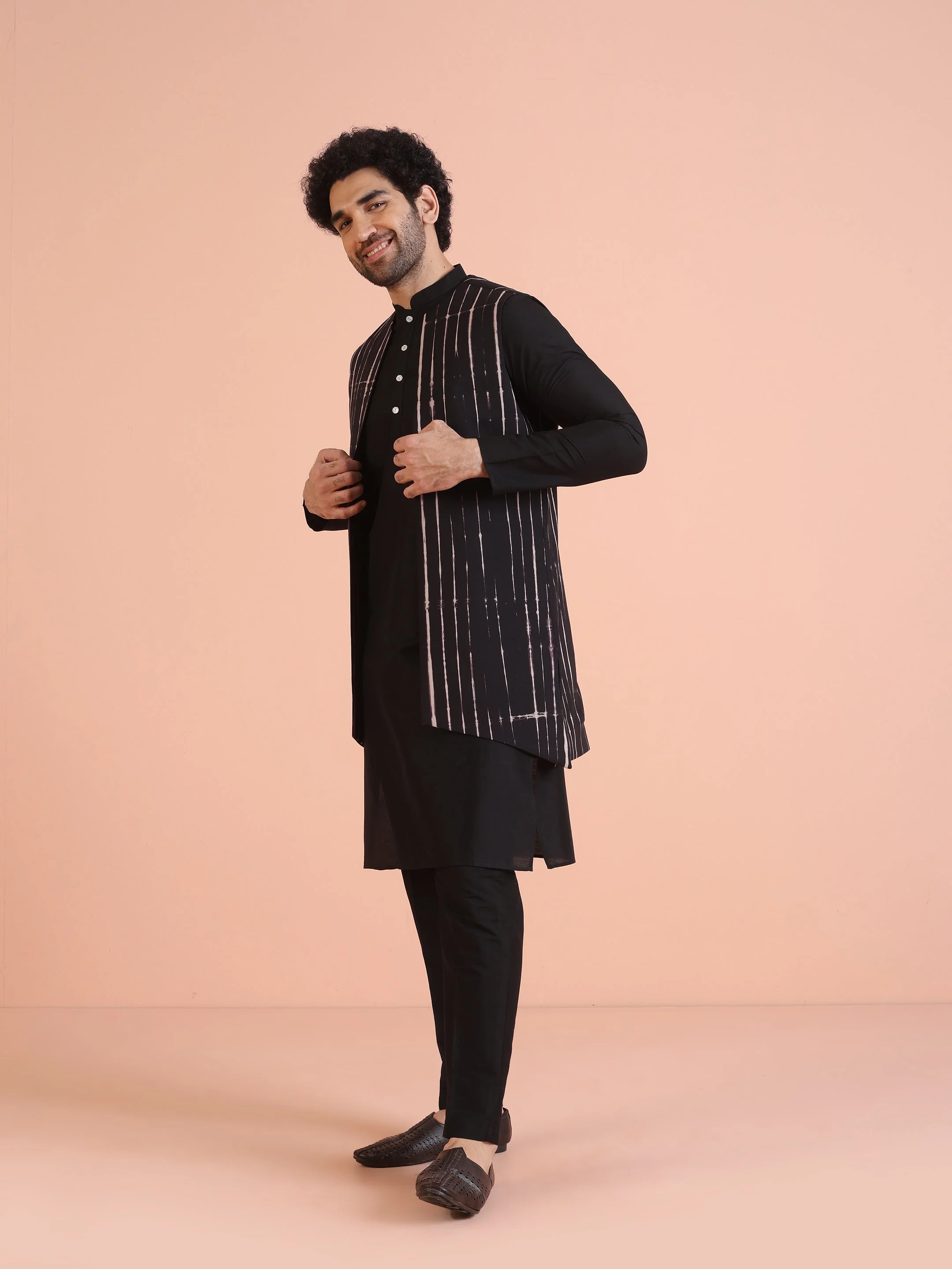 Black Cotton Printed Jacket Kurta Trouser Set - Image 2