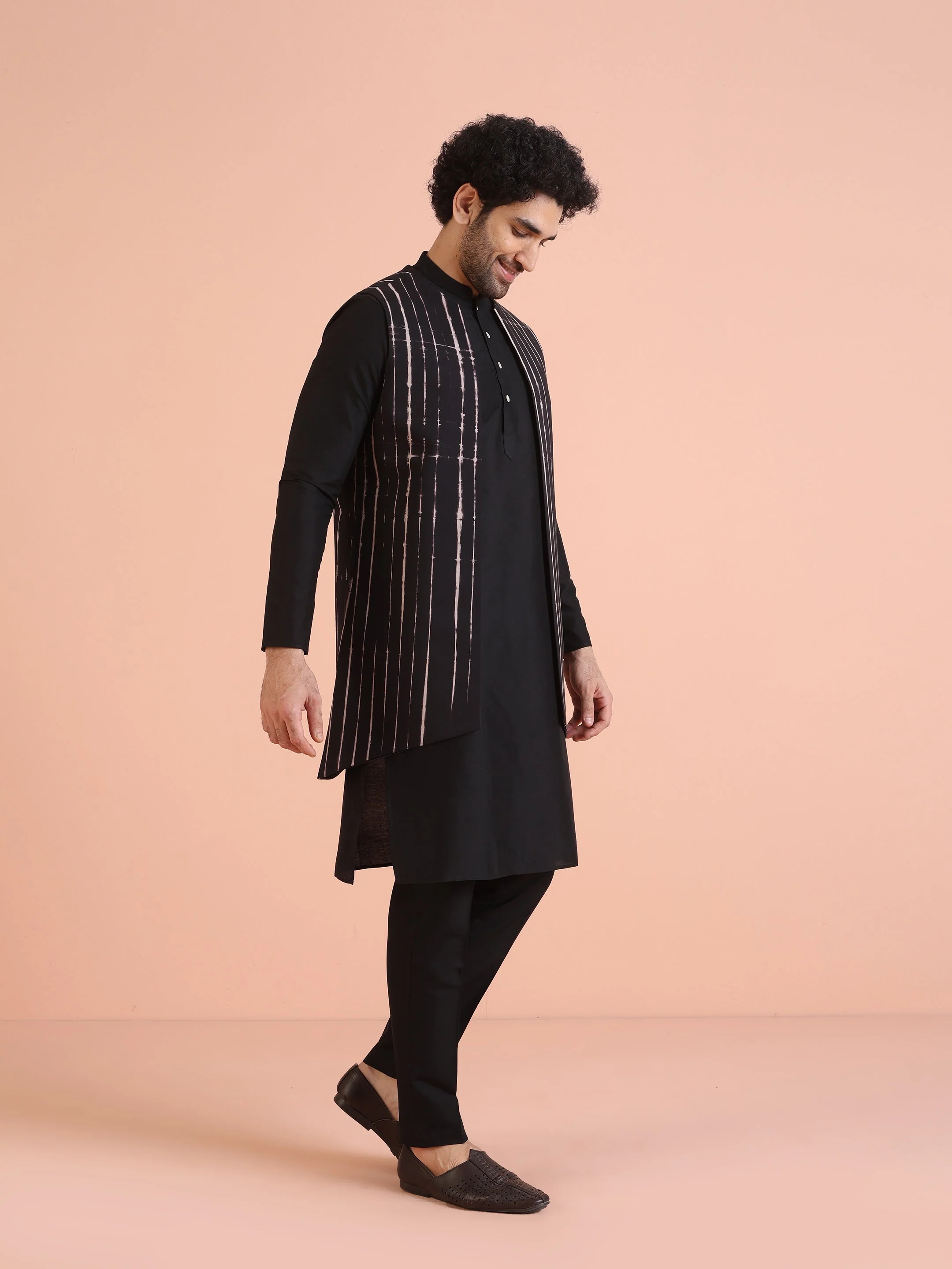Black Cotton Printed Jacket Kurta Trouser Set - Image 3