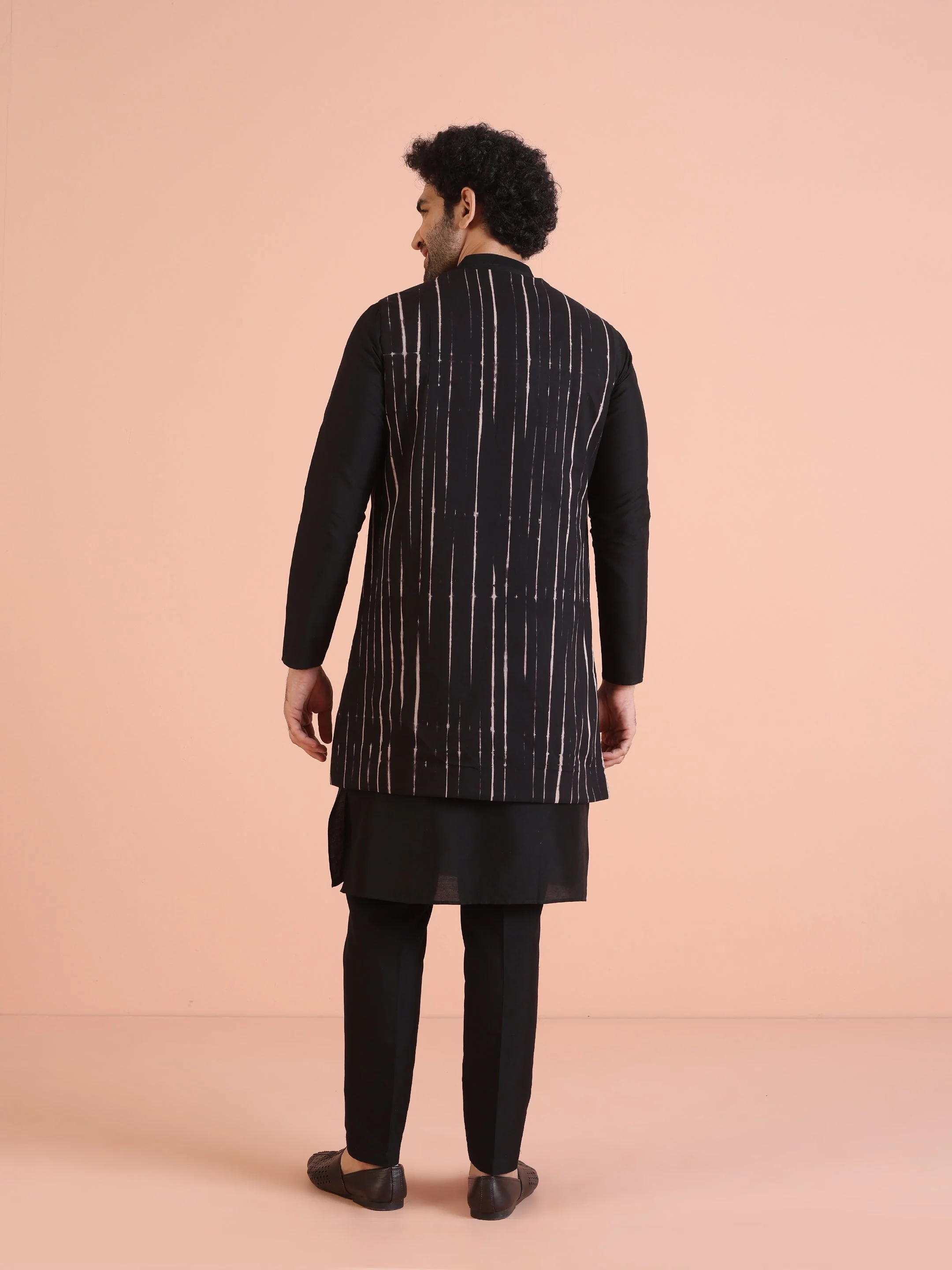 Black Cotton Printed Jacket Kurta Trouser Set - Image 4