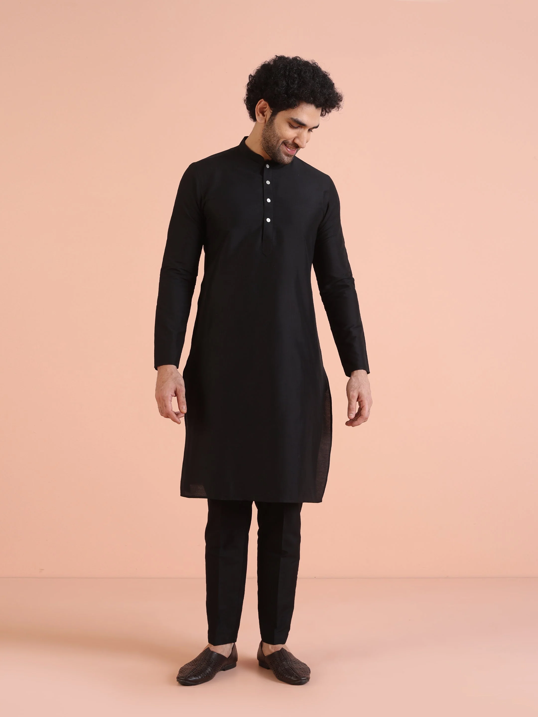 Black Cotton Printed Jacket Kurta Trouser Set - Image 5