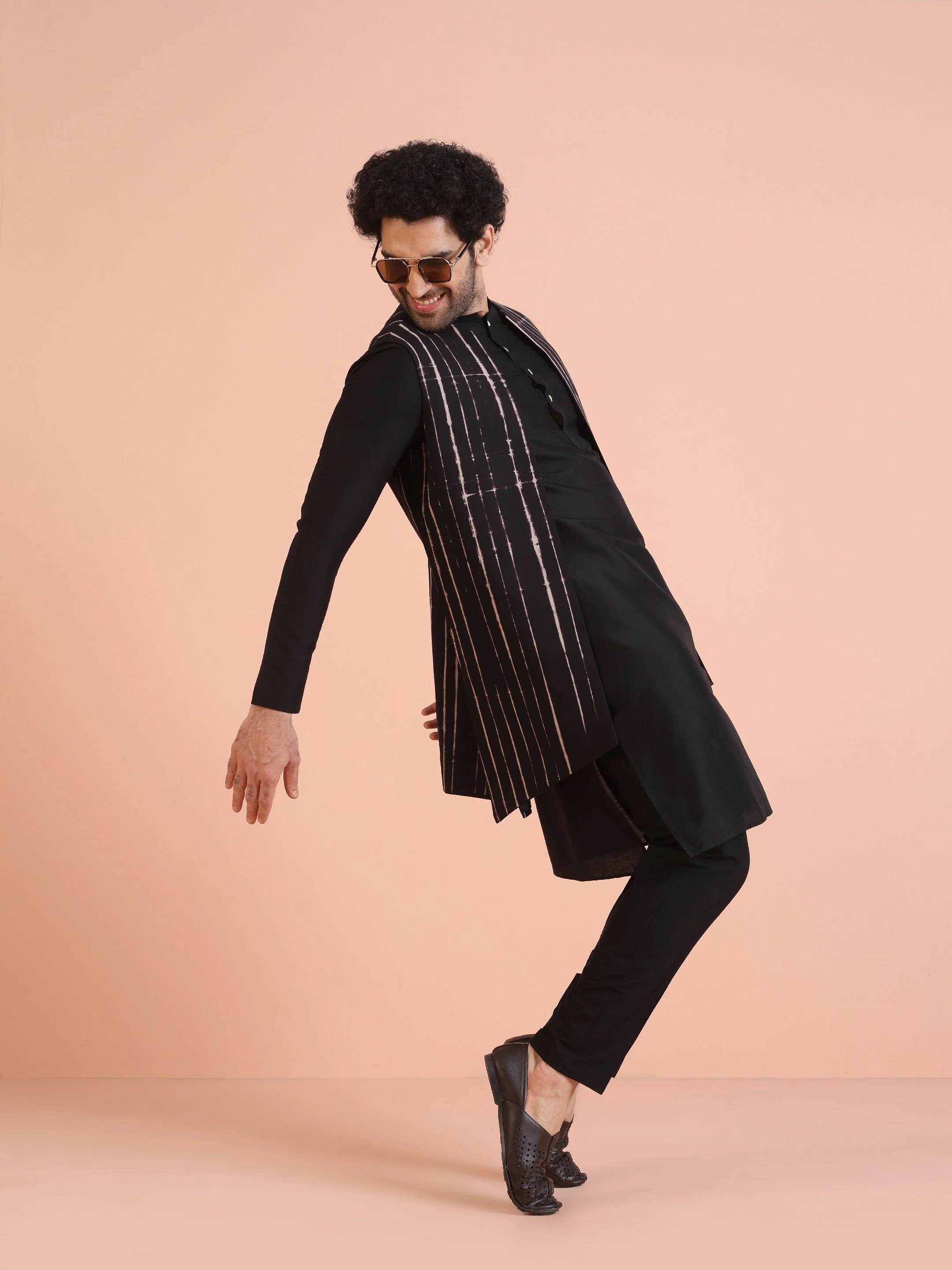 Black Cotton Printed Jacket Kurta Trouser Set - Image 8