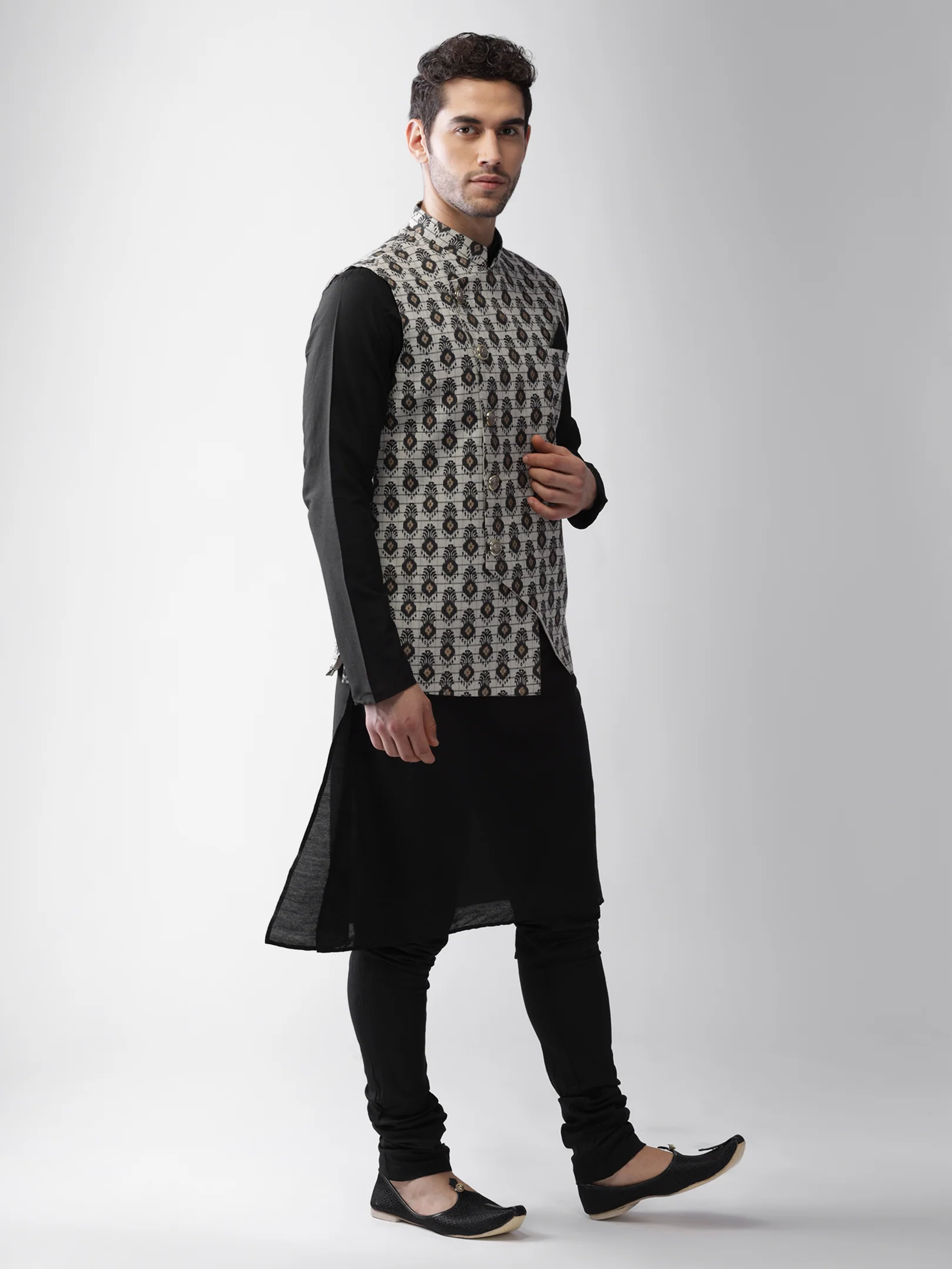 Men's Grey Kurta Jacket Pyjama Set - Image 2