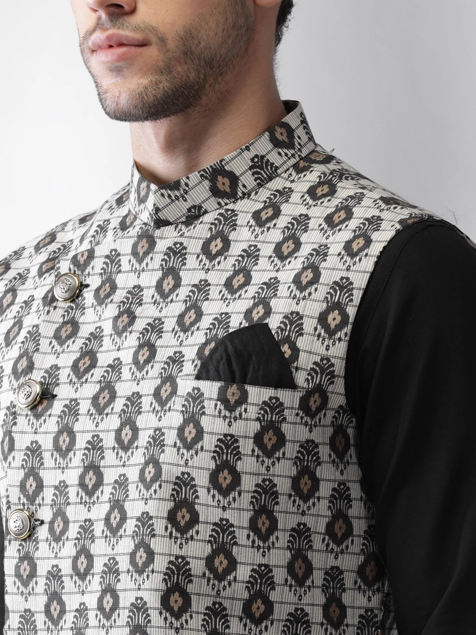 Men's Grey Kurta Jacket Pyjama Set - Image 5