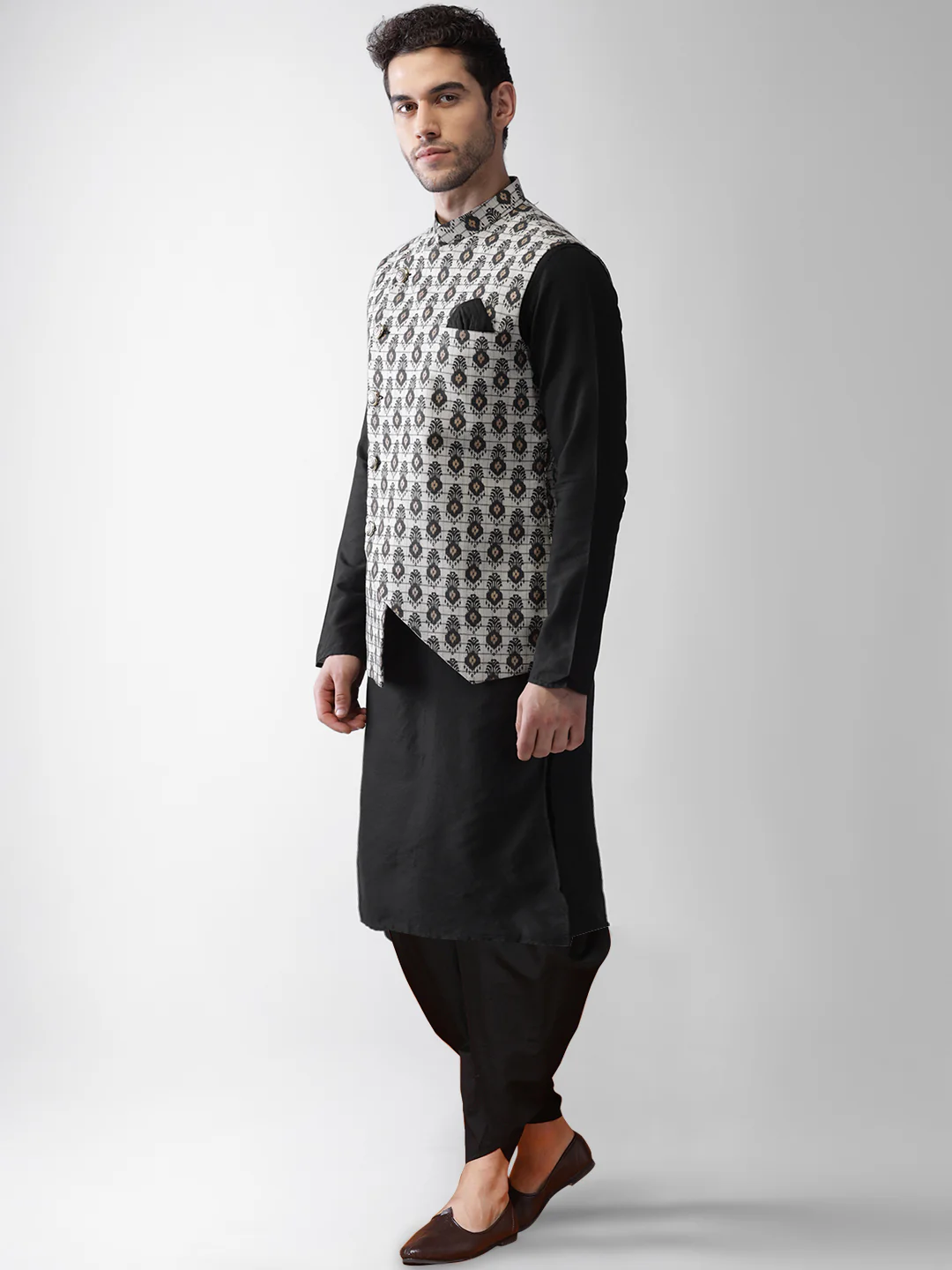 Men's Grey Kurta Jacket Dhoti Set - Image 3