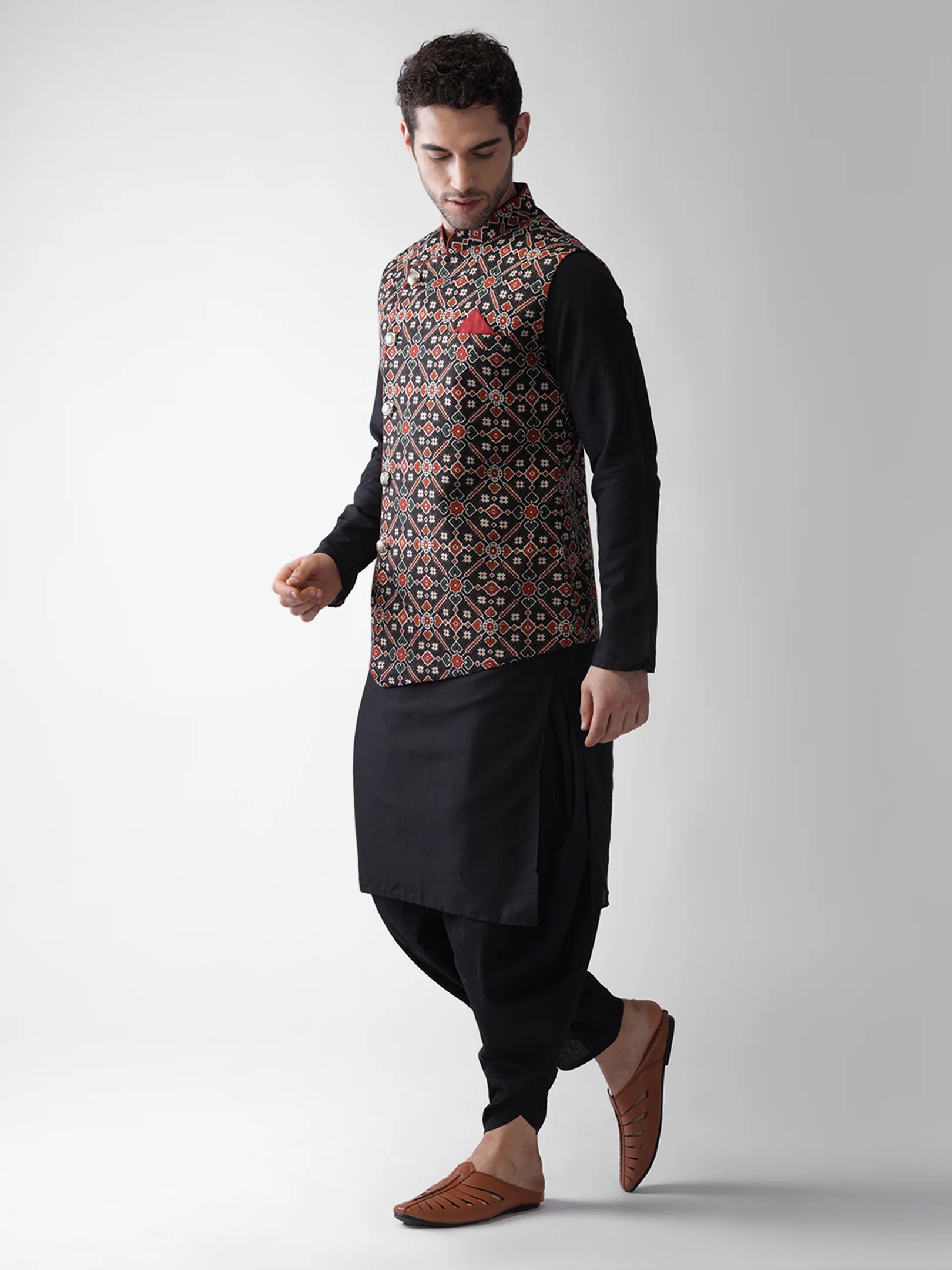 Men's Black Kurta Jacket Dhoti Set - Image 3