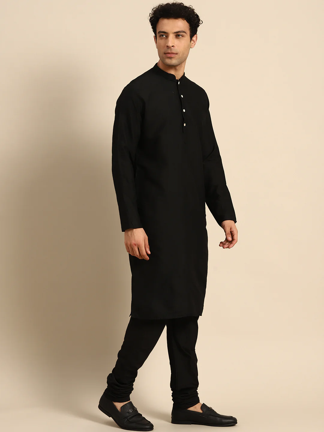 Black Cotton Silk Geometric Printed Nehru Jacket Kurta Churidar - Image 3