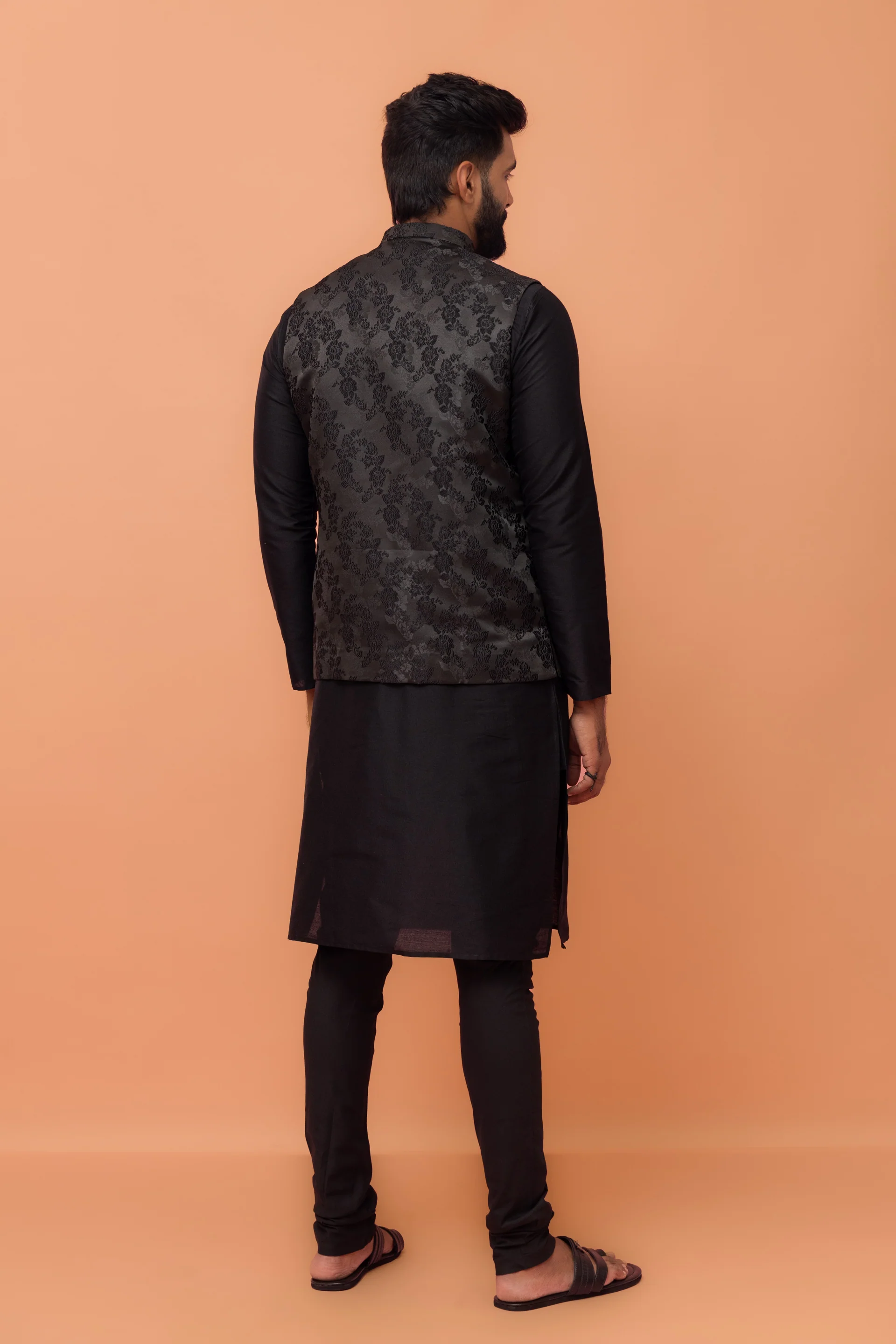 Black Jacquard Floral Jacket Kurta Churidar - Image 4