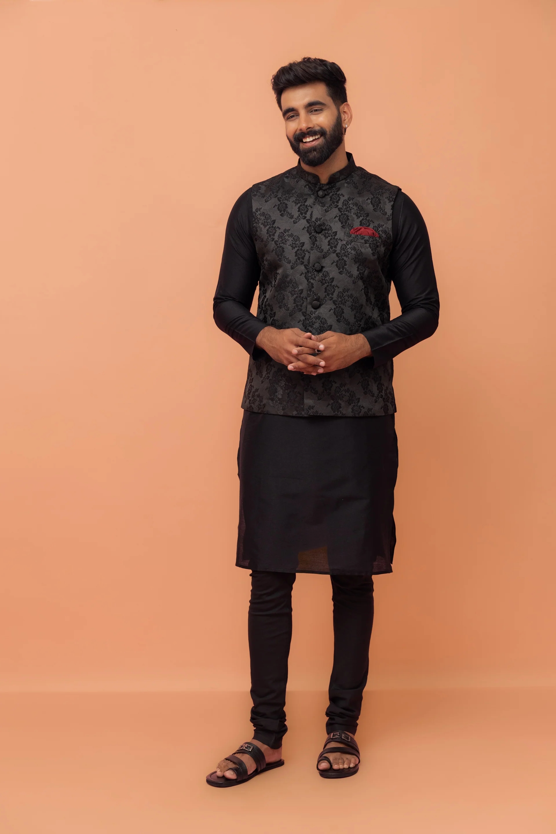 Black Jacquard Floral Jacket Kurta Churidar - Image 8