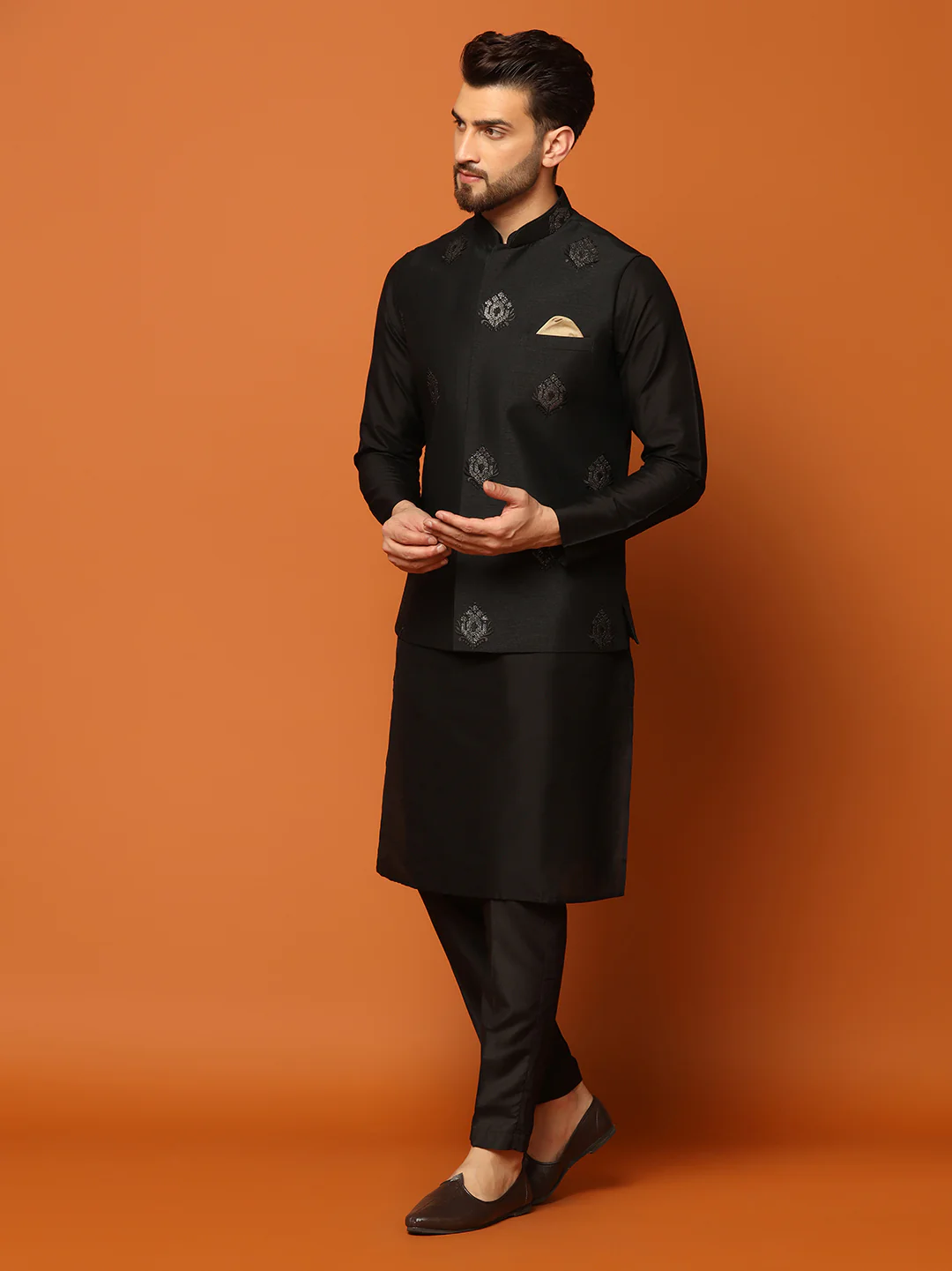 Black Embroidered Nehru Jacket Set with Kurta & Trouser - Image 3