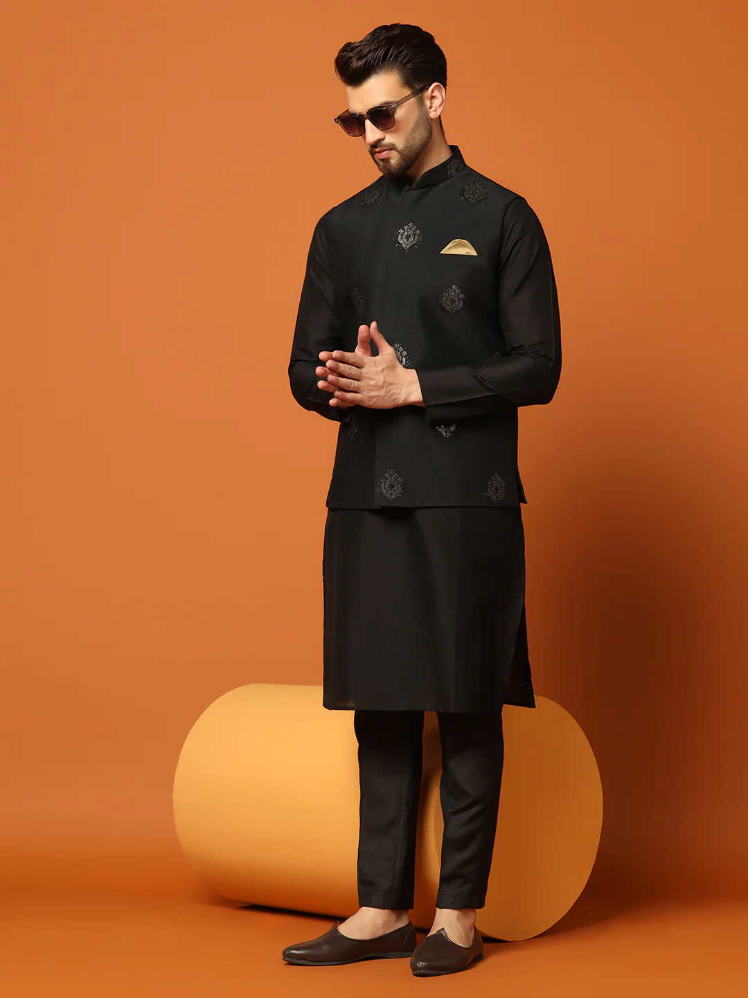 Black Embroidered Nehru Jacket Set with Kurta & Trouser - Image 8