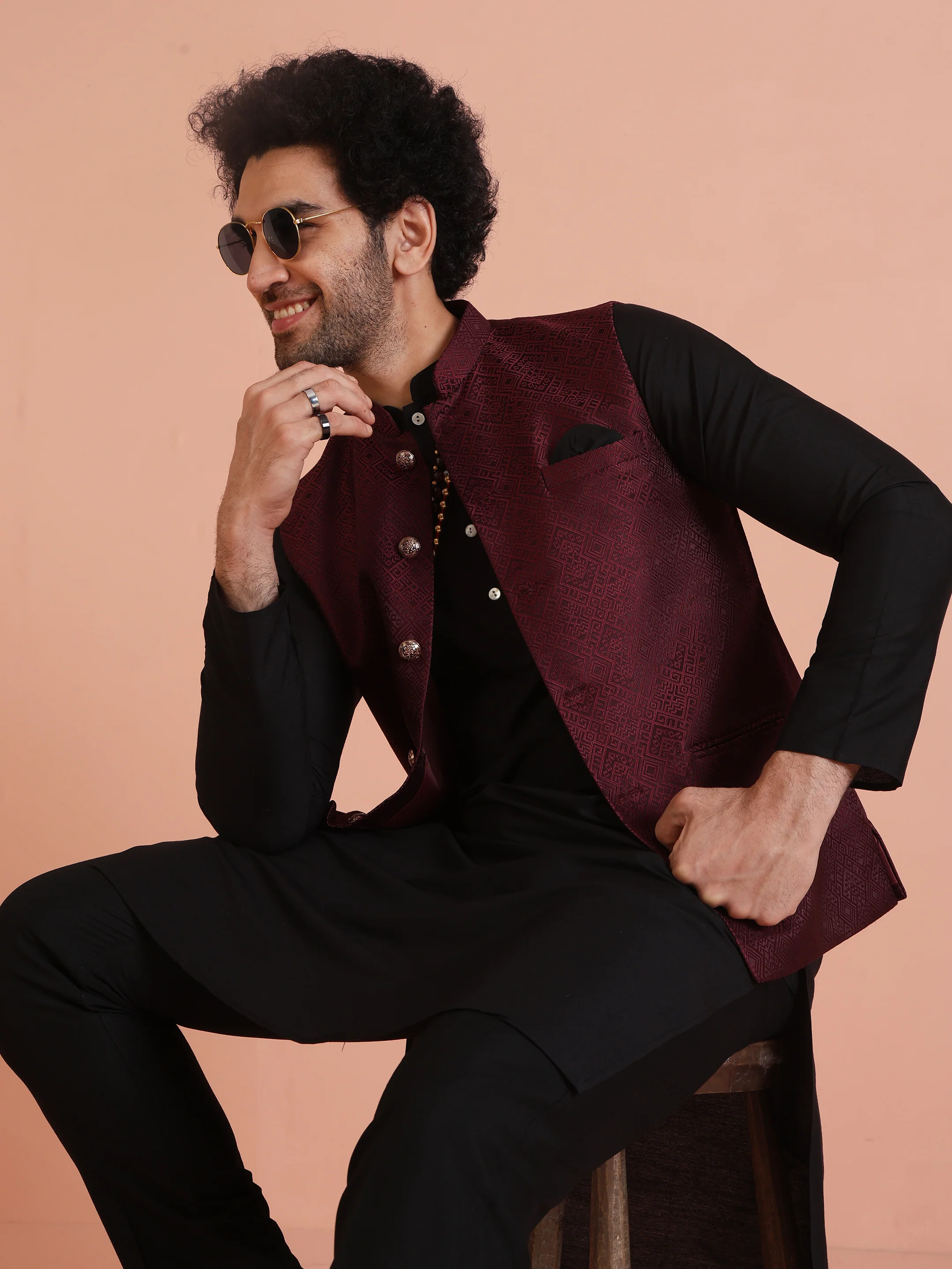 Maroon Jacquard Nehru Jacket Kurta Set - Image 8