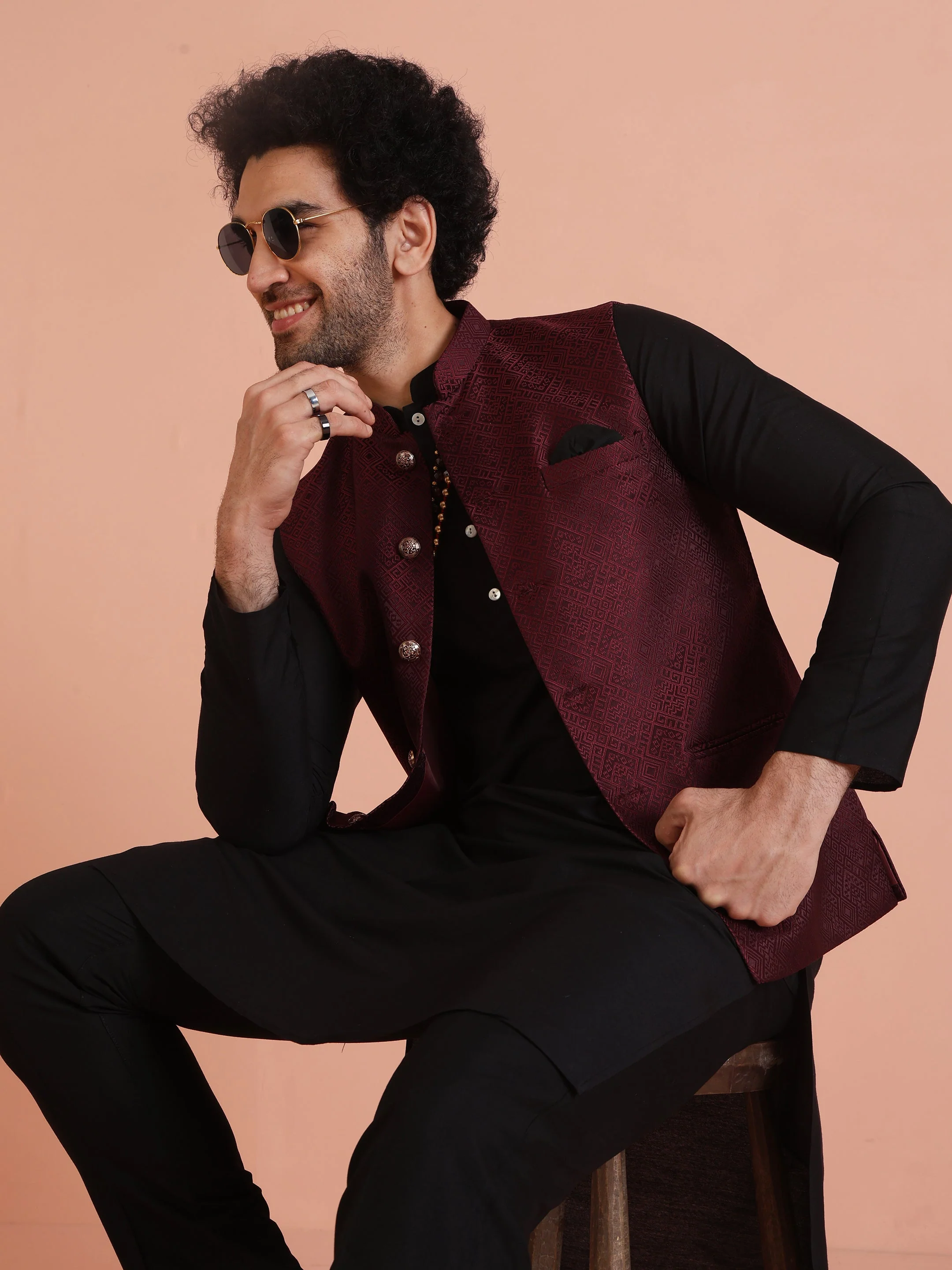 Maroon Jacquard Nehru Jacket Kurta Set - Image 9