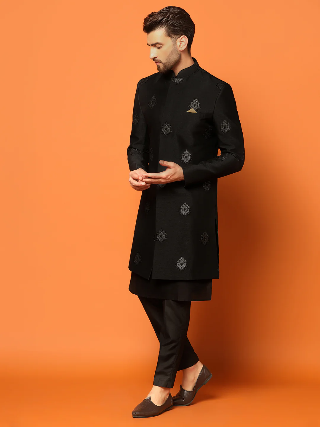 Men Black Embroidered Kurta Indowestern Churidar Set - Image 3