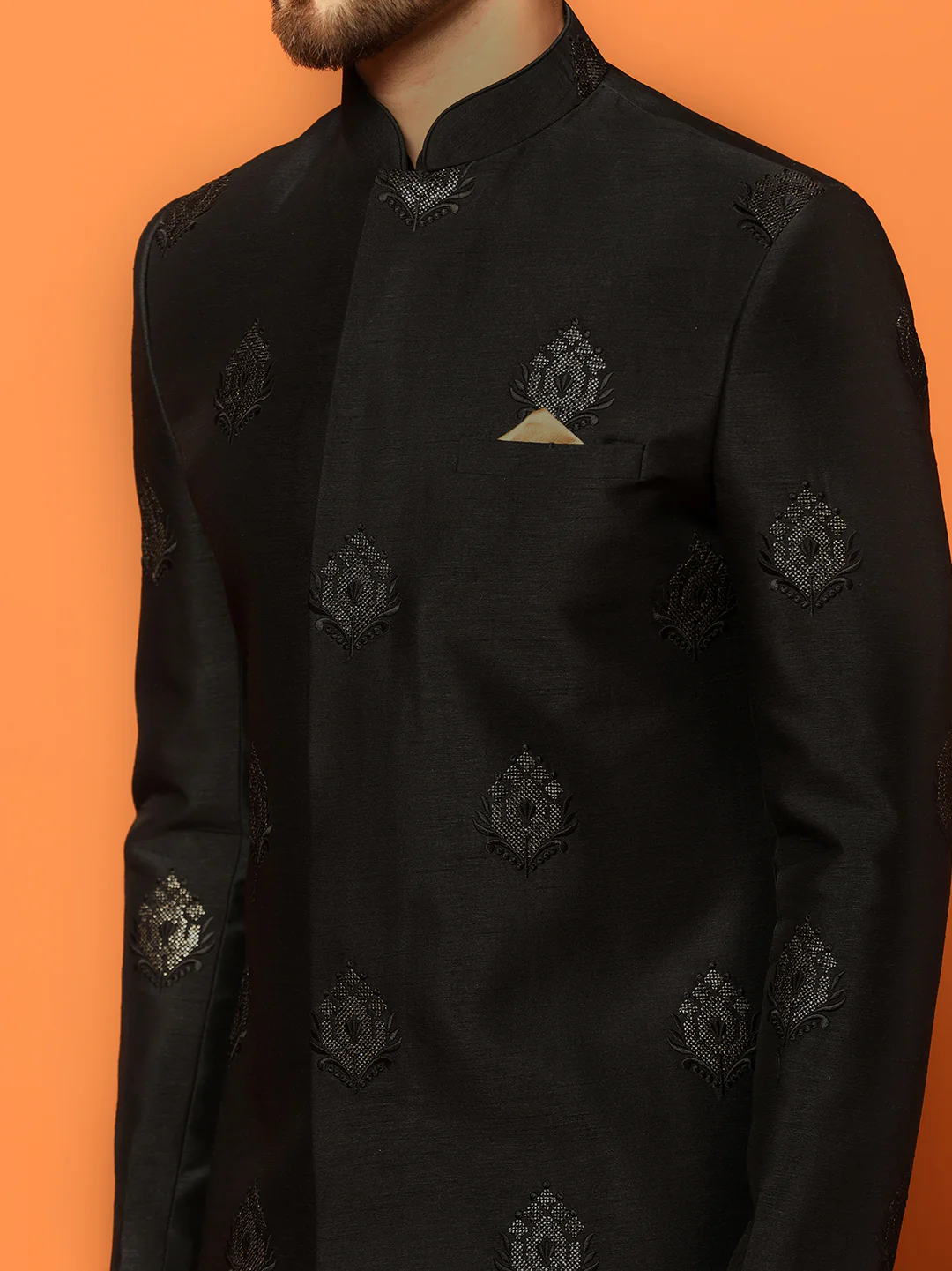 Men Black Embroidered Kurta Indowestern Churidar Set - Image 6