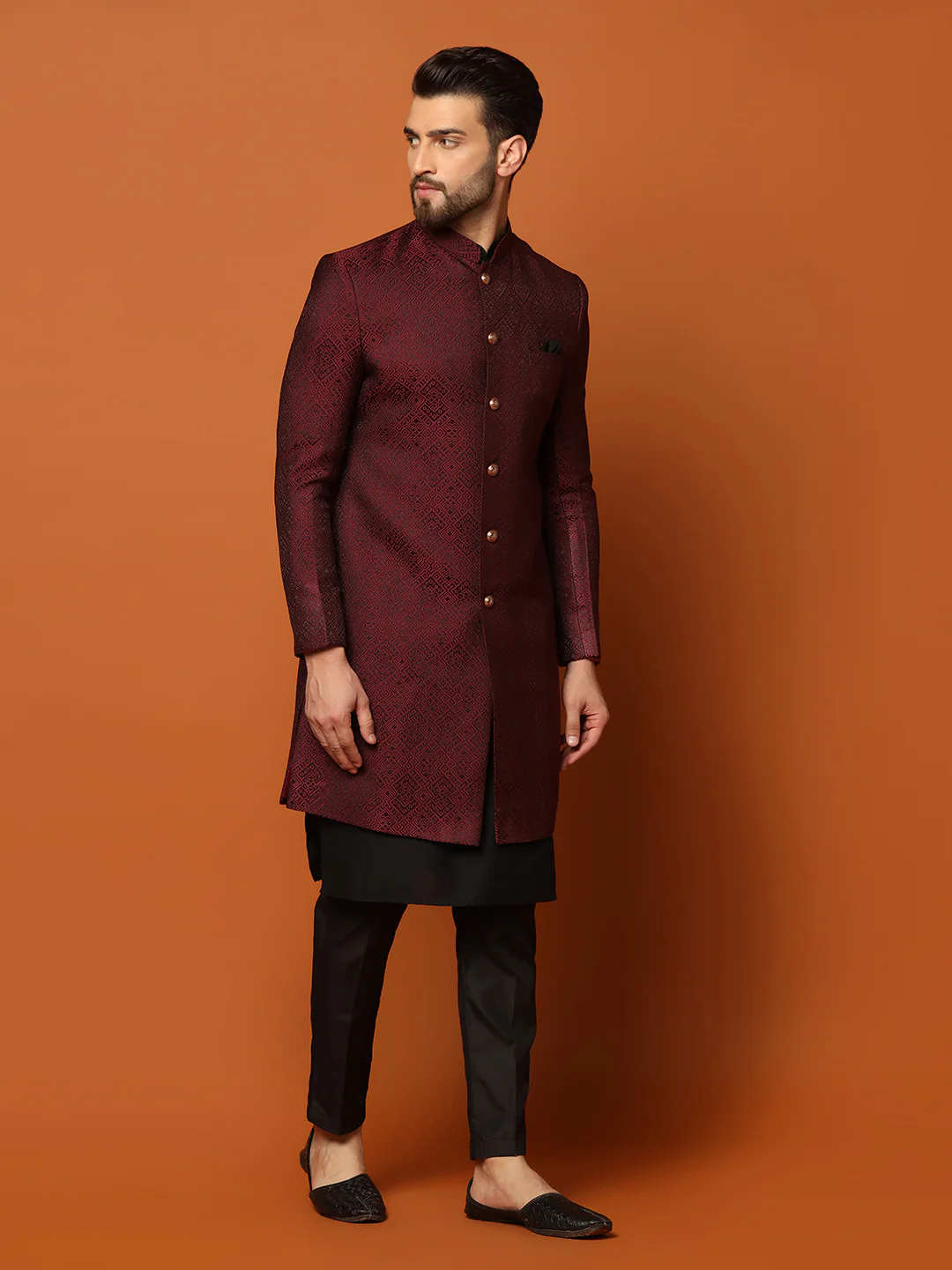 Maroon Silk Blend Woven Sherwani Kurta Trouser Set - Image 2