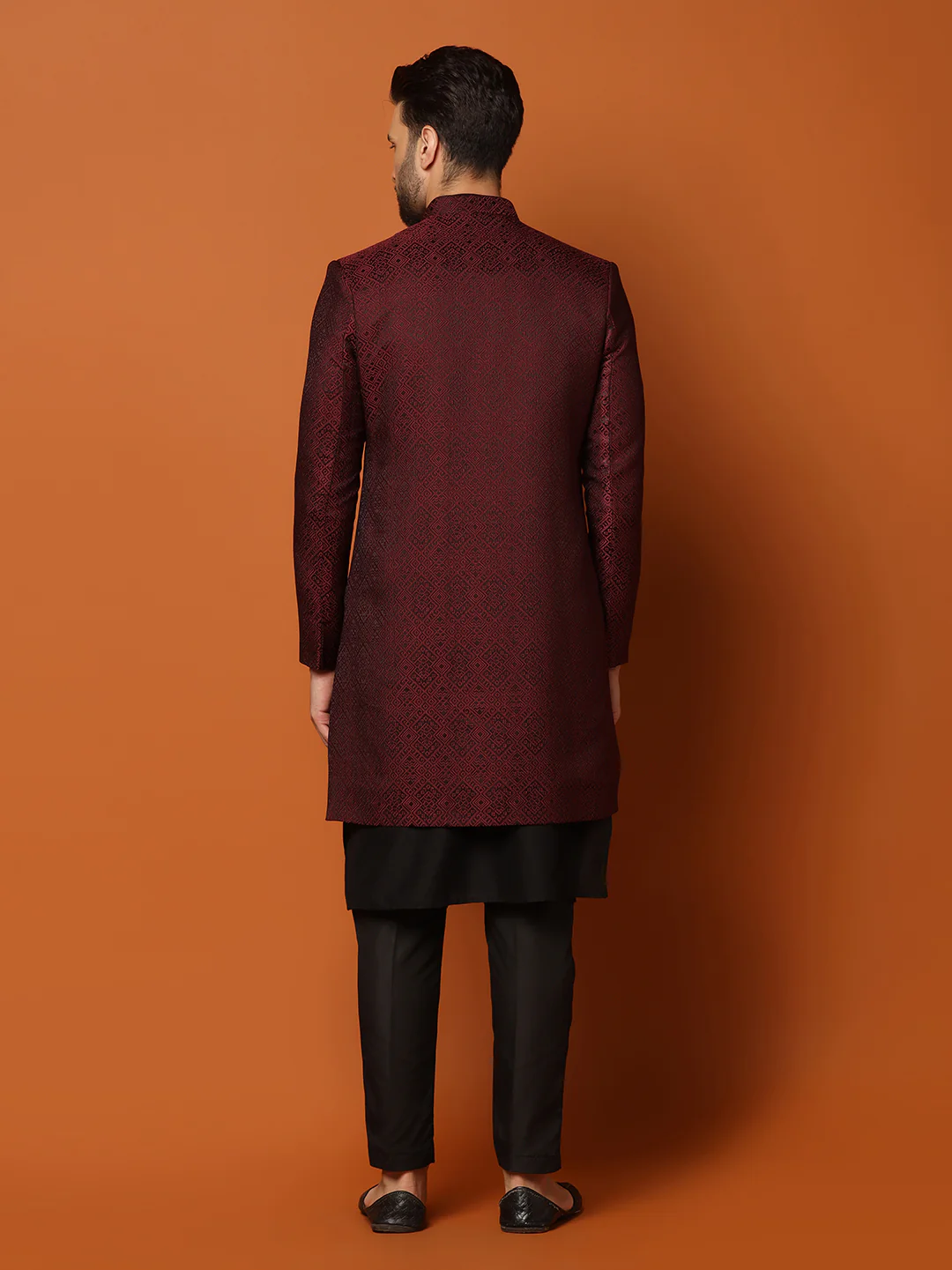 Maroon Silk Blend Woven Sherwani Kurta Trouser Set - Image 4