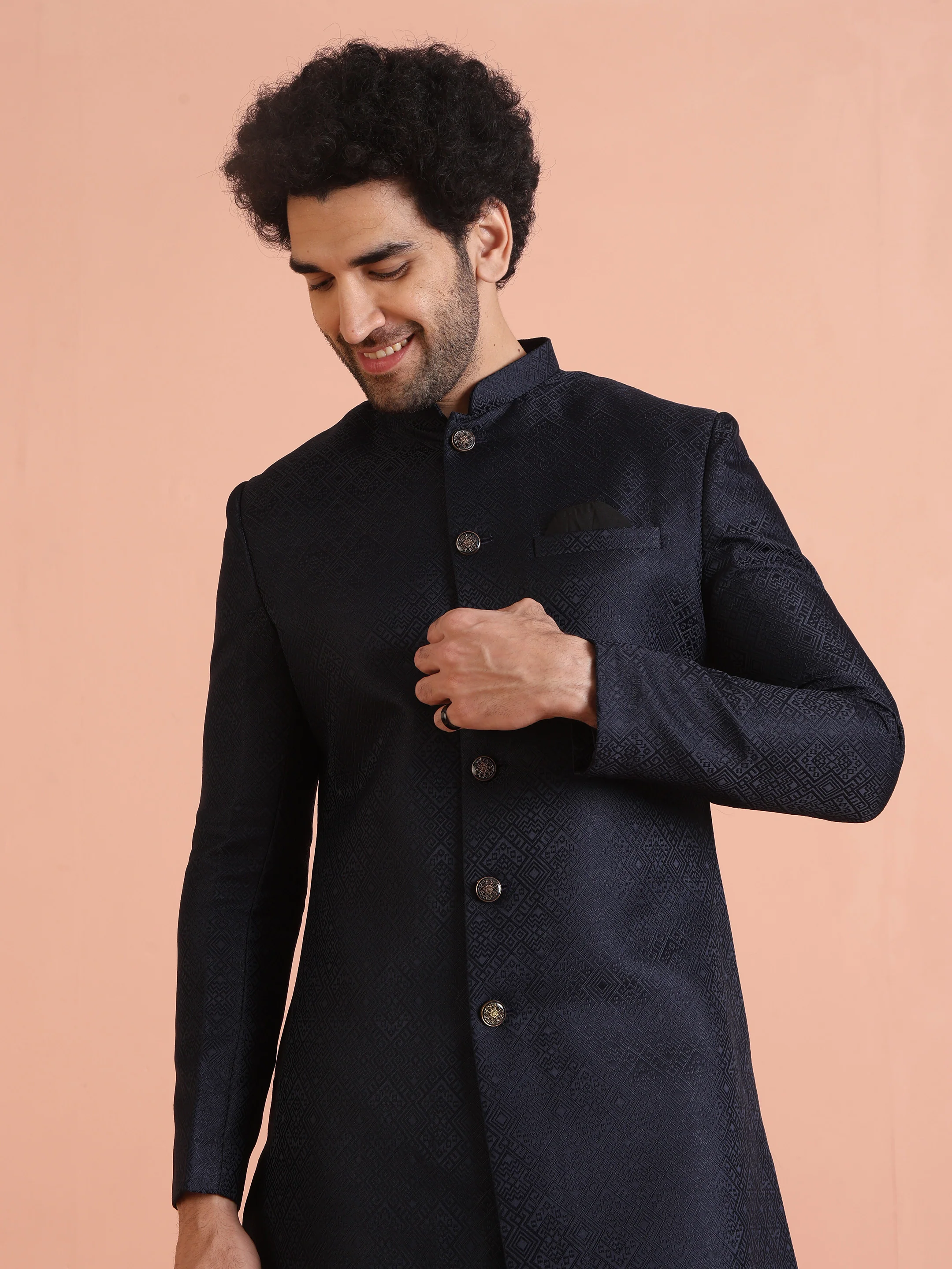 Navy Blue Silk Blend Woven Sherwani Kurta Trouser Set - Image 6