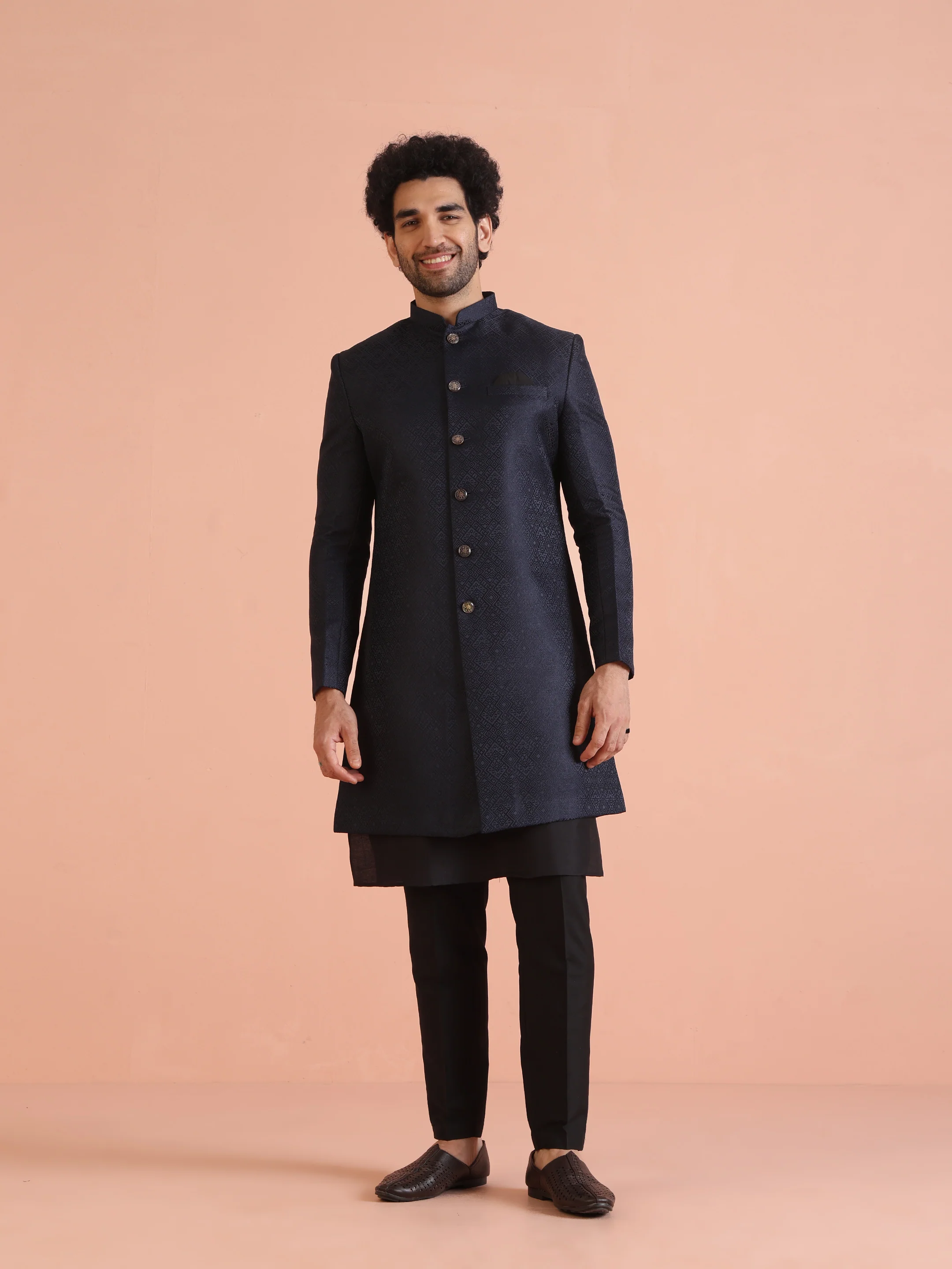 Navy Blue Silk Blend Woven Sherwani Kurta Trouser Set - Image 8