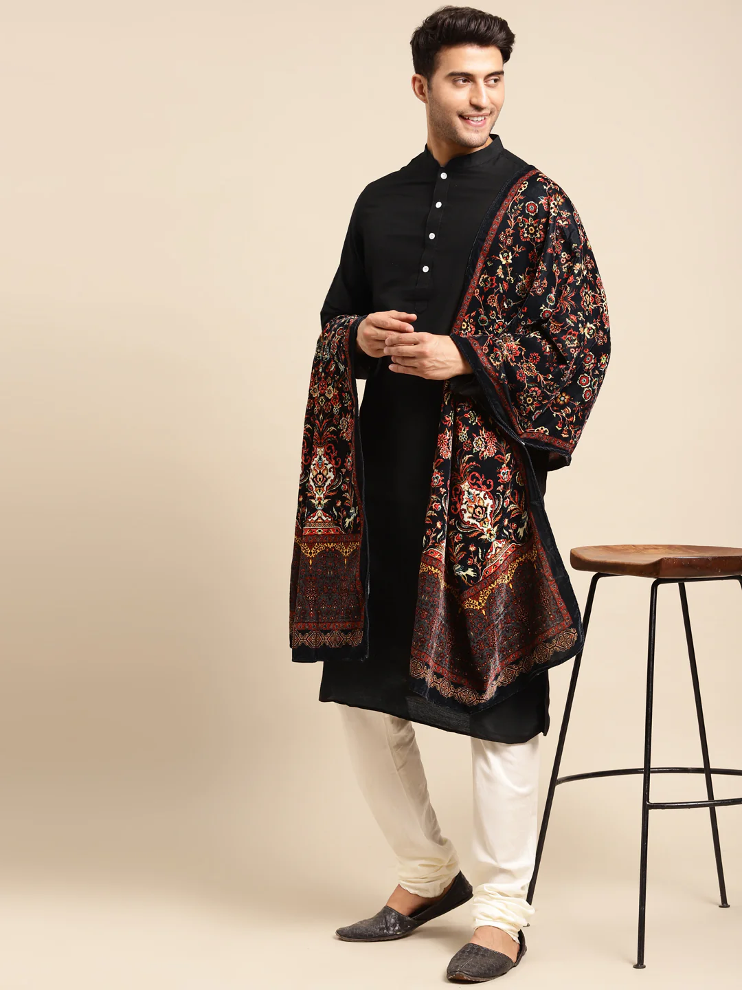 Black Silk Blend Kurta Churidar with Festive Dupatta - Image 7