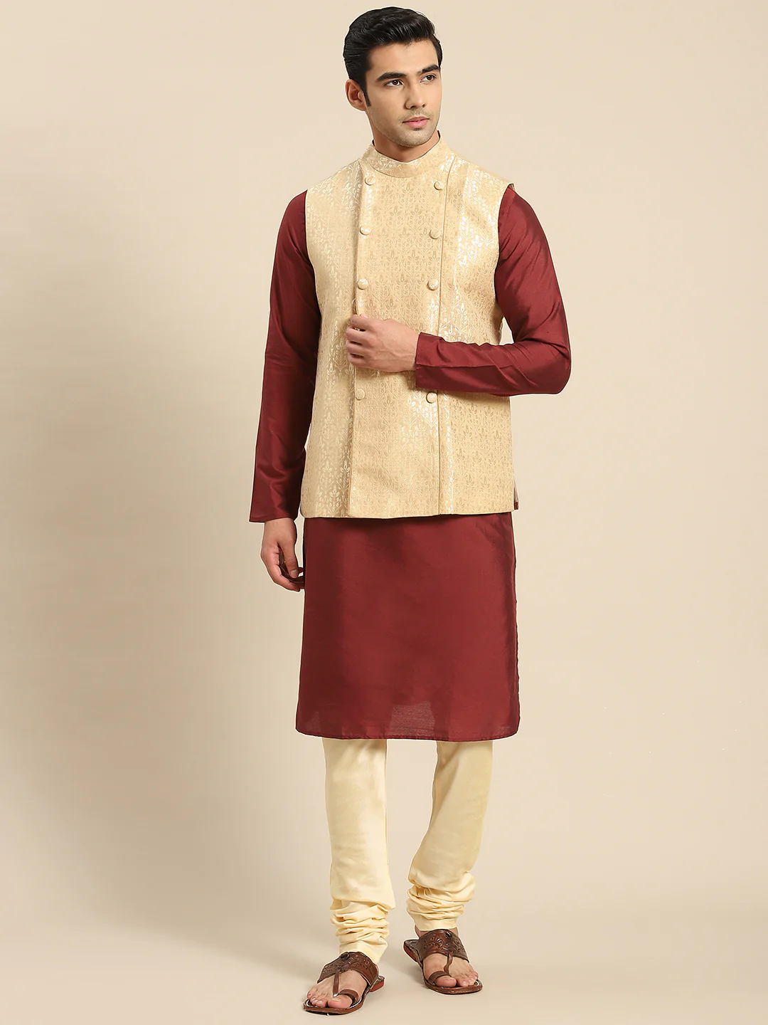 Kisah Men Gold Kurta Jacket Set - Image 2
