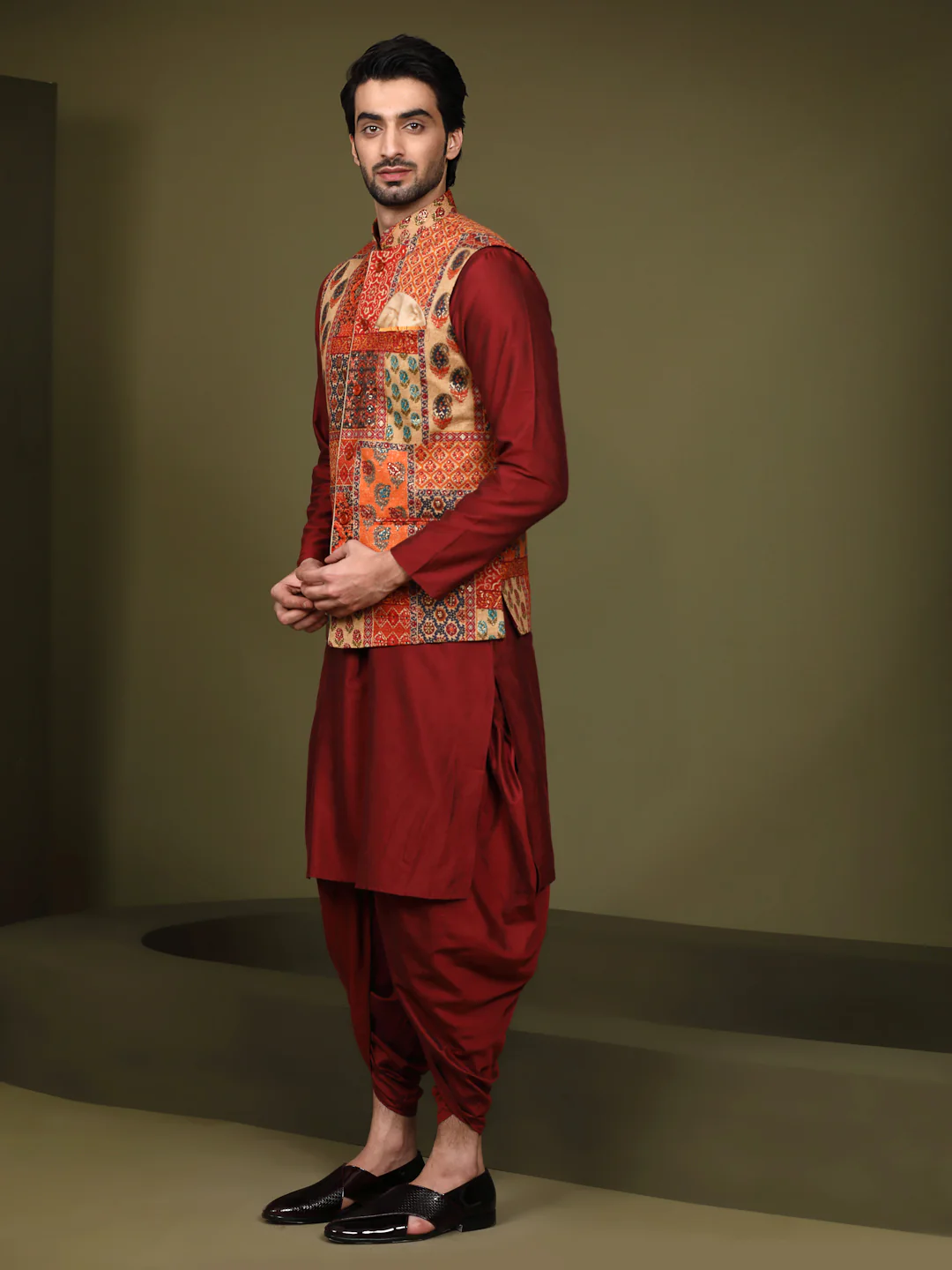 Multi Color Silk Blend Printed Jacket Kurta Dhoti Set - Image 3