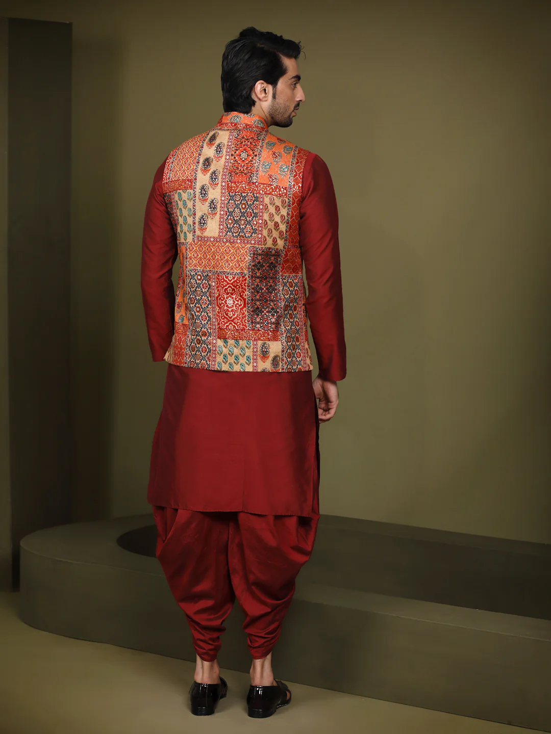 Multi Color Silk Blend Printed Jacket Kurta Dhoti Set - Image 4