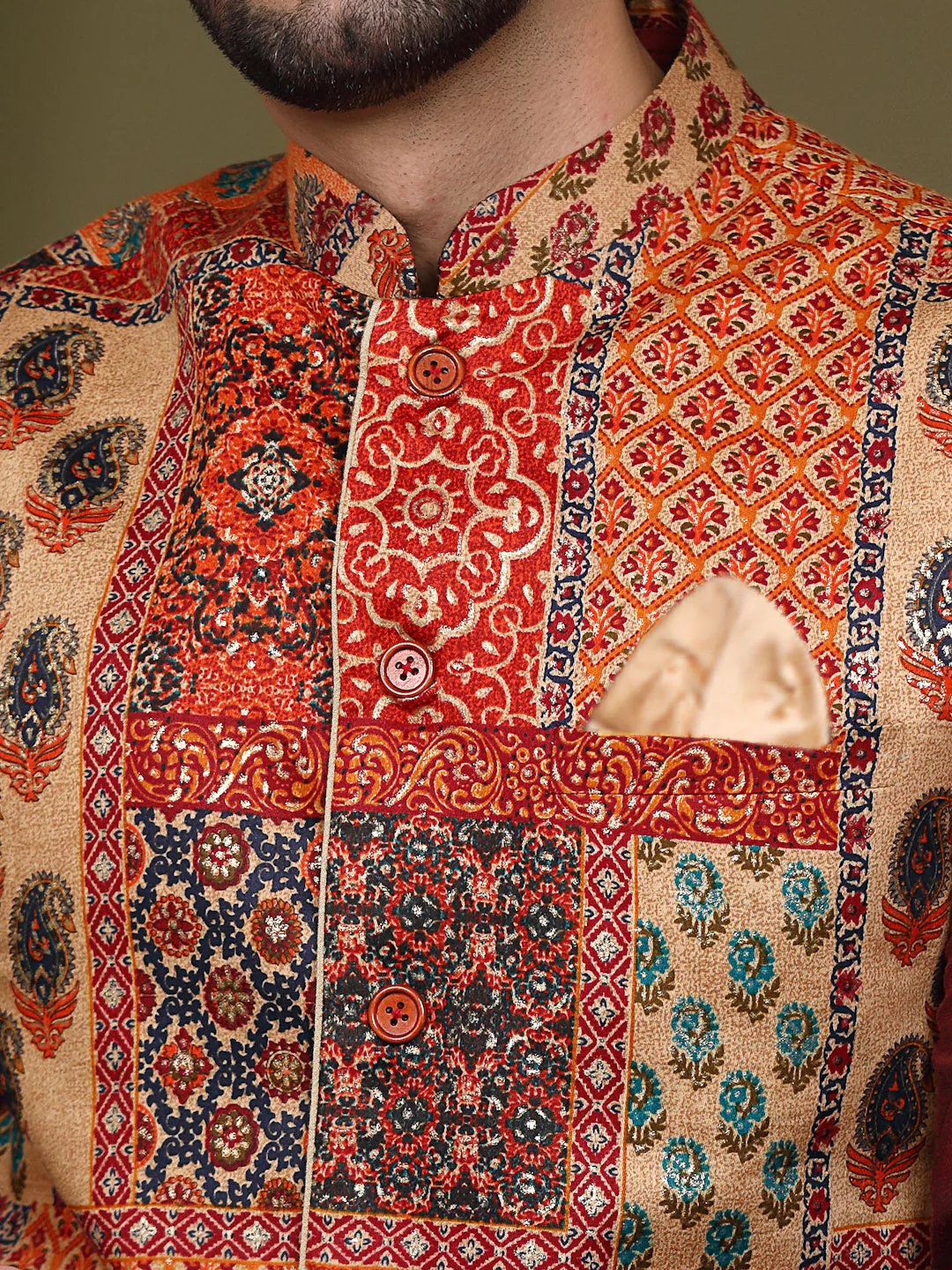 Multi Color Silk Blend Printed Jacket Kurta Dhoti Set - Image 6