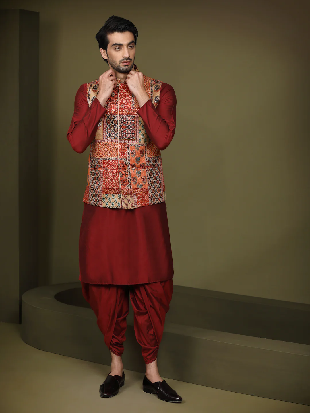 Multi Color Silk Blend Printed Jacket Kurta Dhoti Set - Image 8