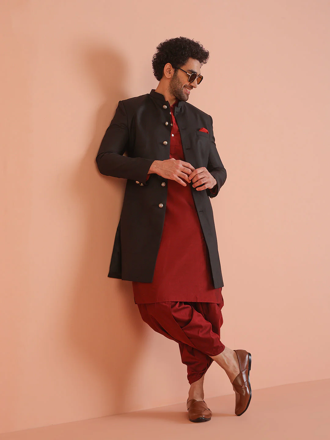 Men Black Solid Kurta Indowestern Dhoti Set - Image 10