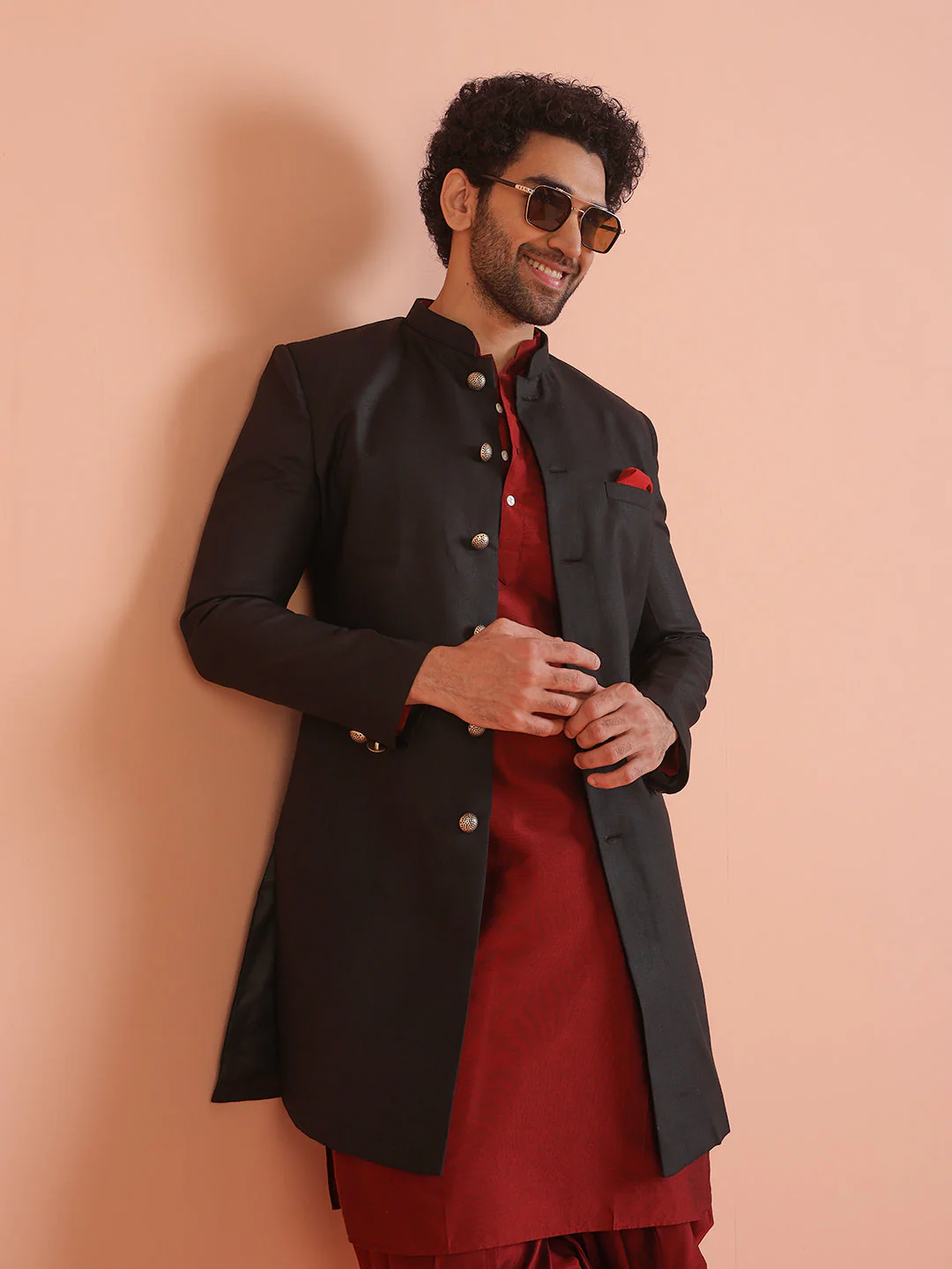 Men Black Solid Kurta Indowestern Dhoti Set - Image 17