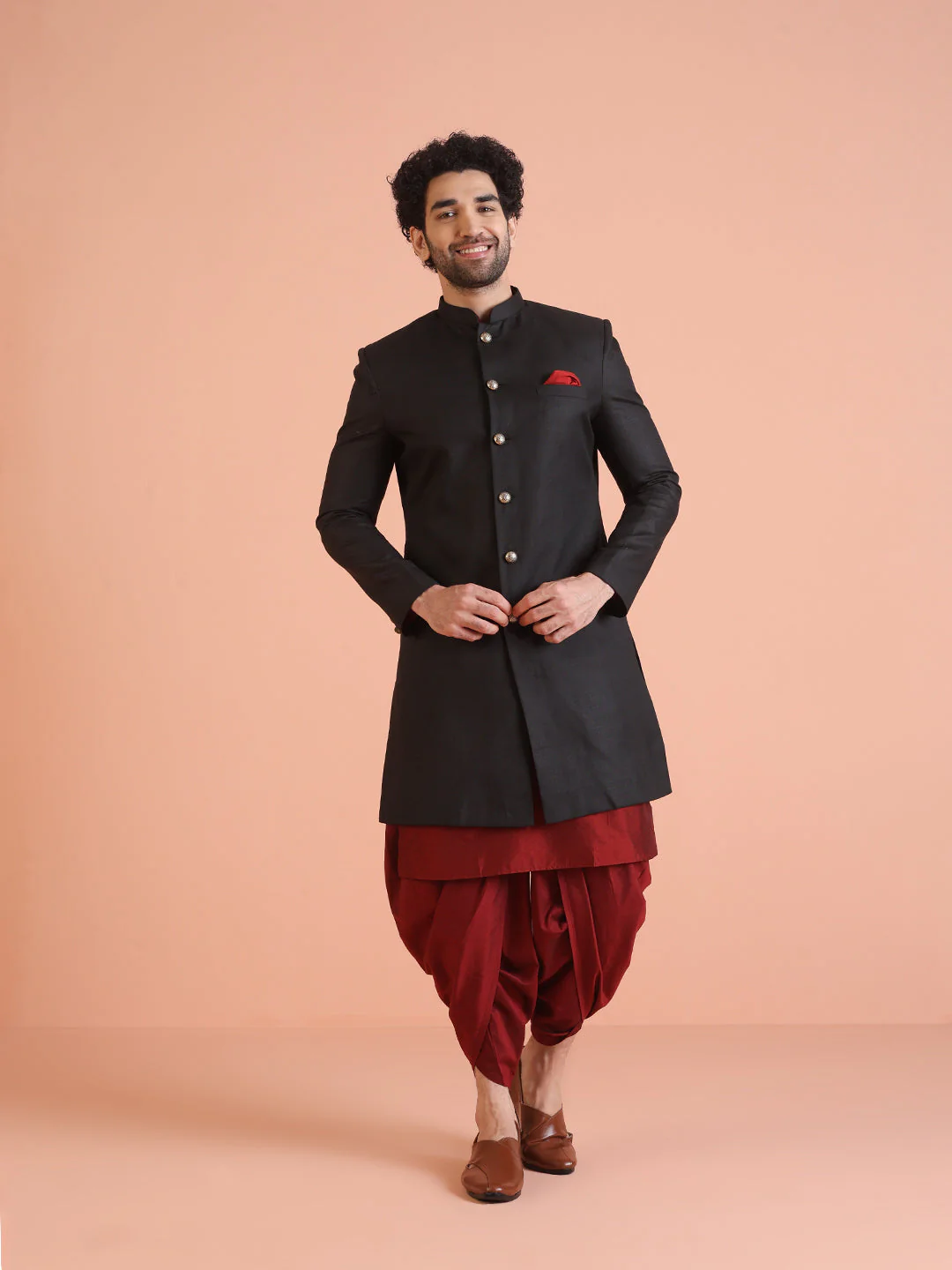 Men Black Solid Kurta Indowestern Dhoti Set - Image 18