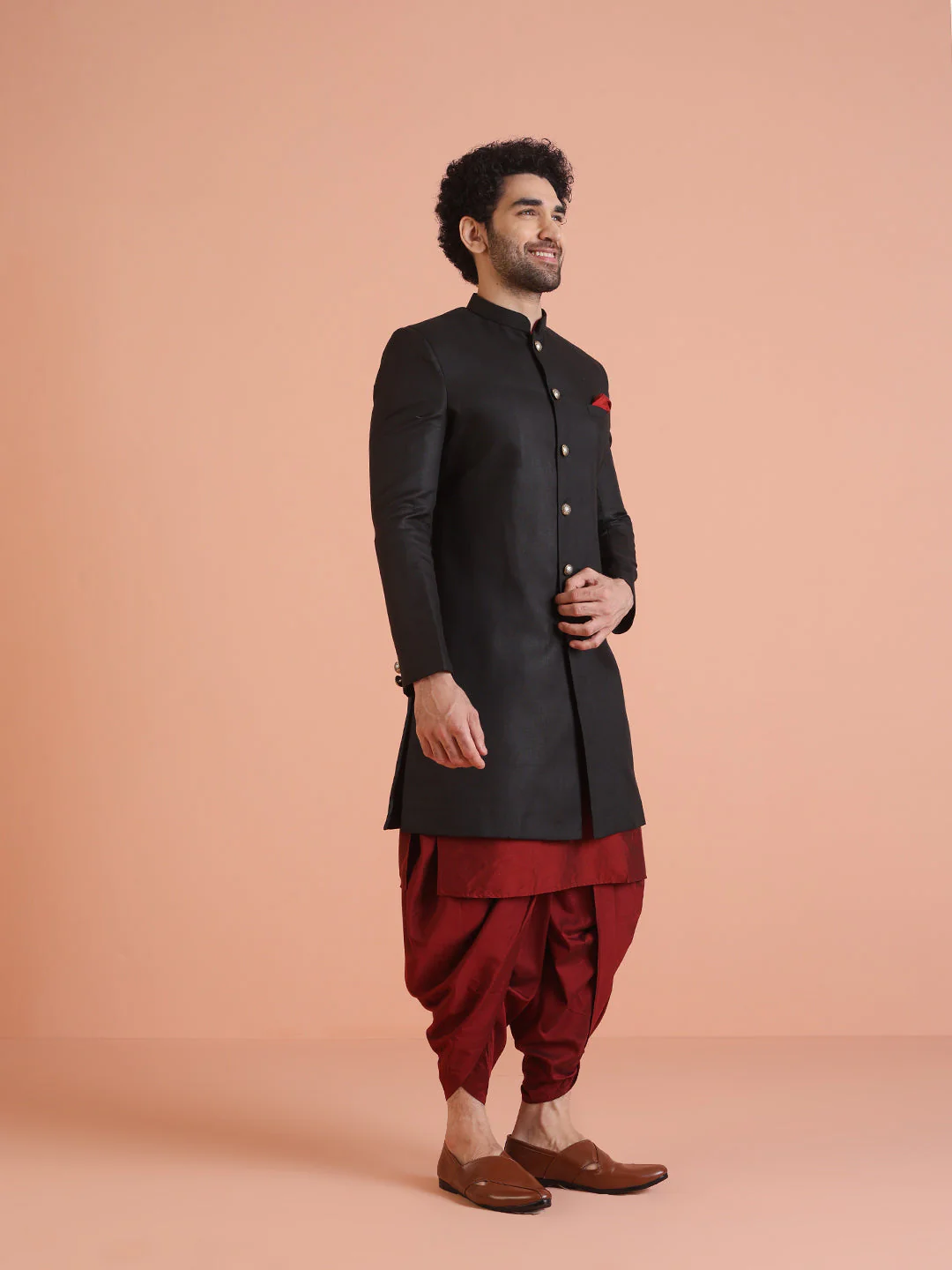 Men Black Solid Kurta Indowestern Dhoti Set - Image 20