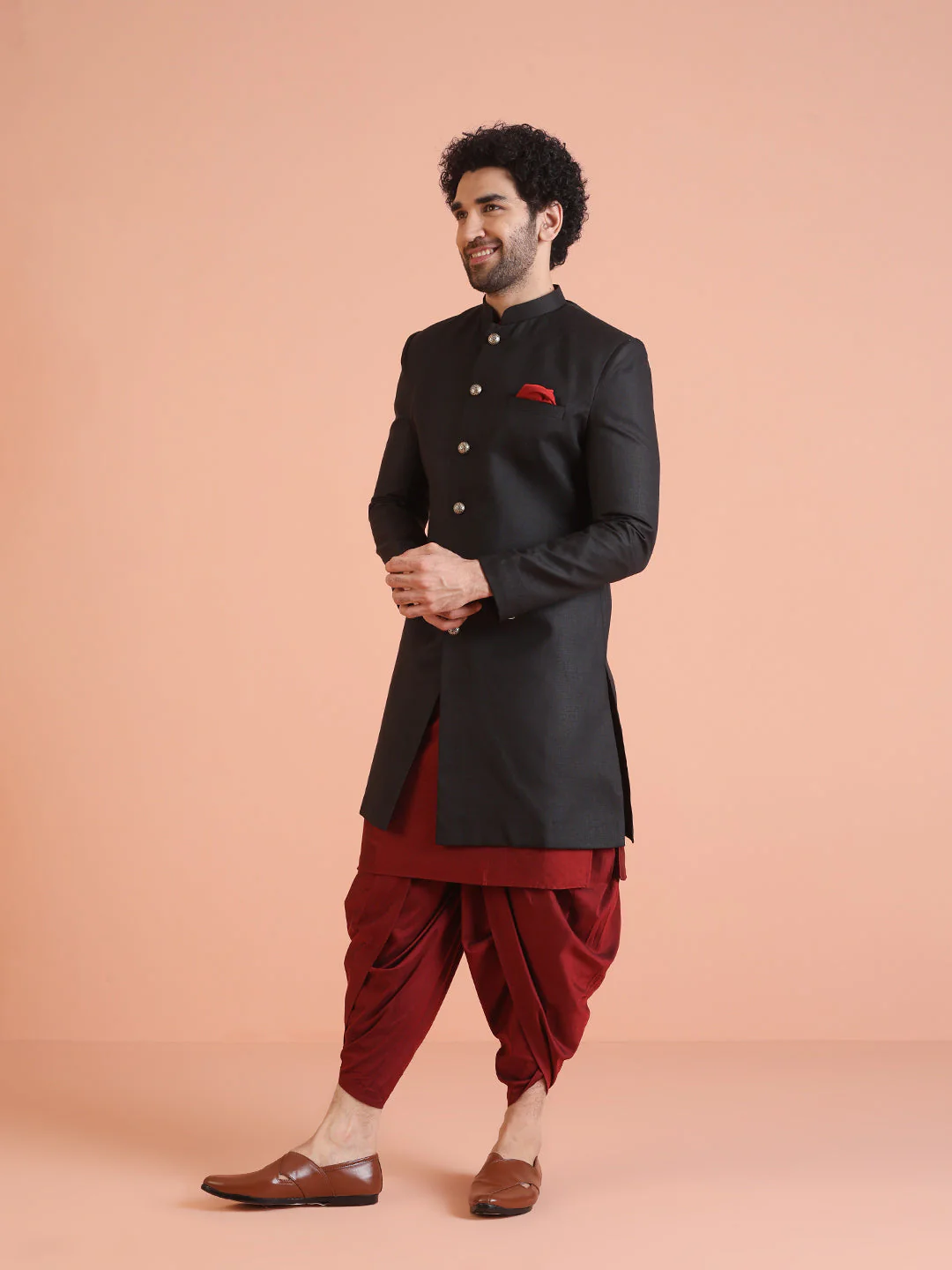 Men Black Solid Kurta Indowestern Dhoti Set - Image 21