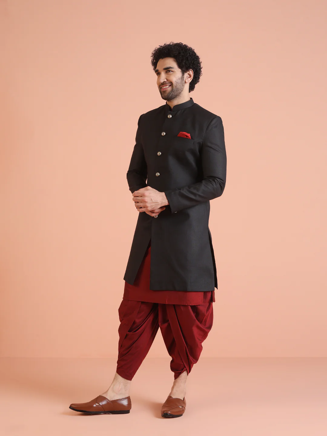 Men Black Solid Kurta Indowestern Dhoti Set - Image 3