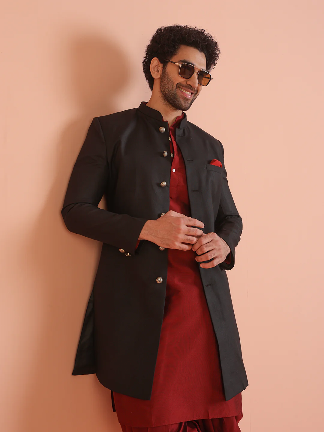 Men Black Solid Kurta Indowestern Dhoti Set - Image 8