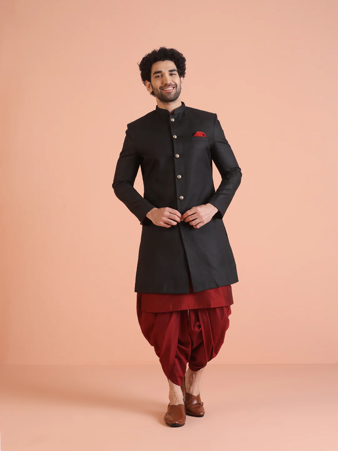 Men Black Solid Kurta Indowestern Dhoti Set - Image 9