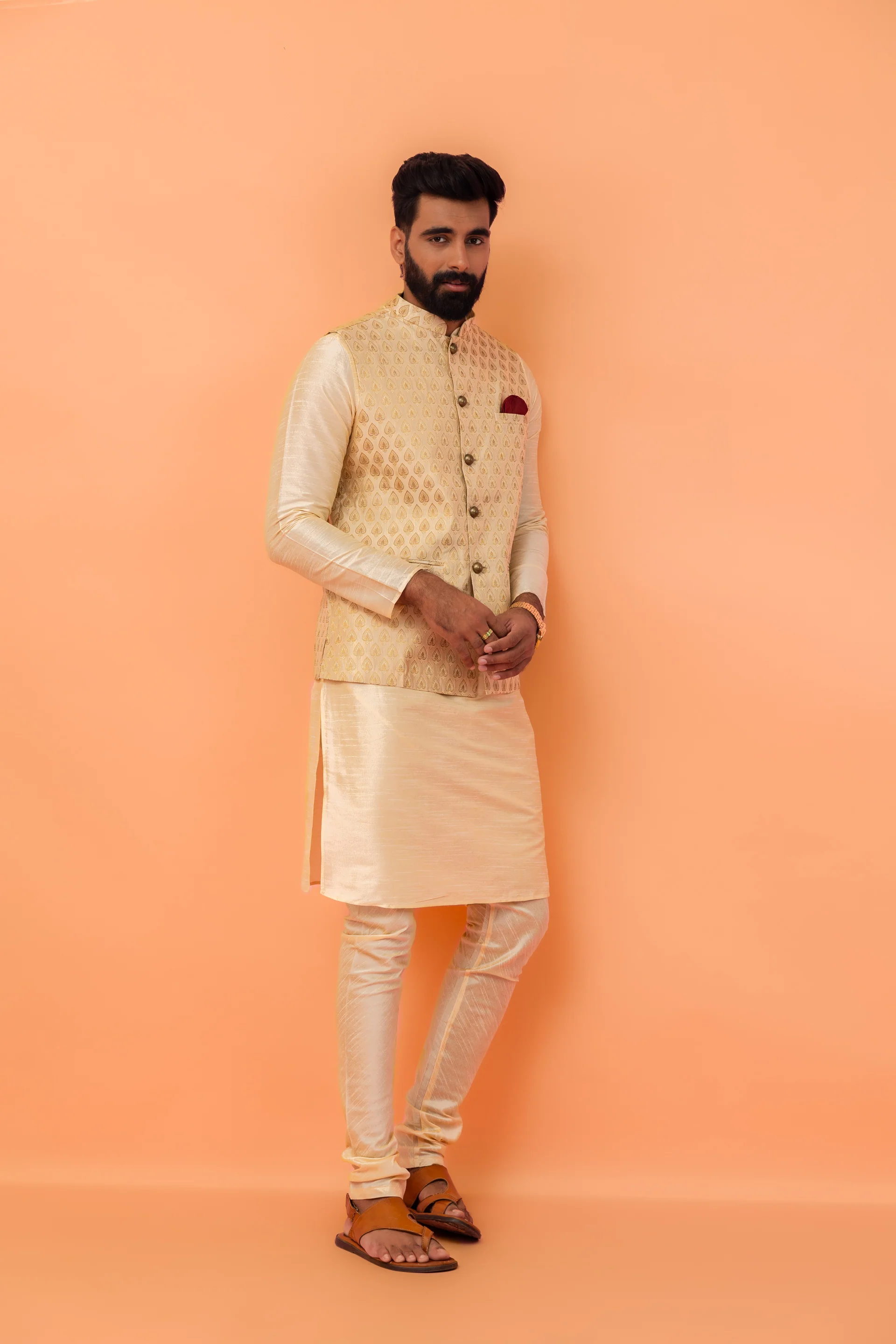 Beige Silk Blend Woven Jacket Kurta Churidar Set - Image 3