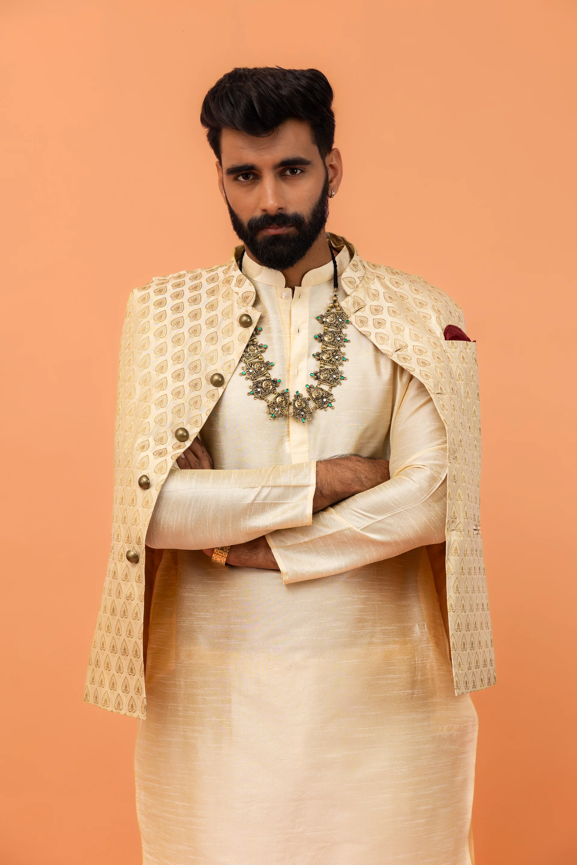 Beige Silk Blend Woven Jacket Kurta Churidar Set - Image 8