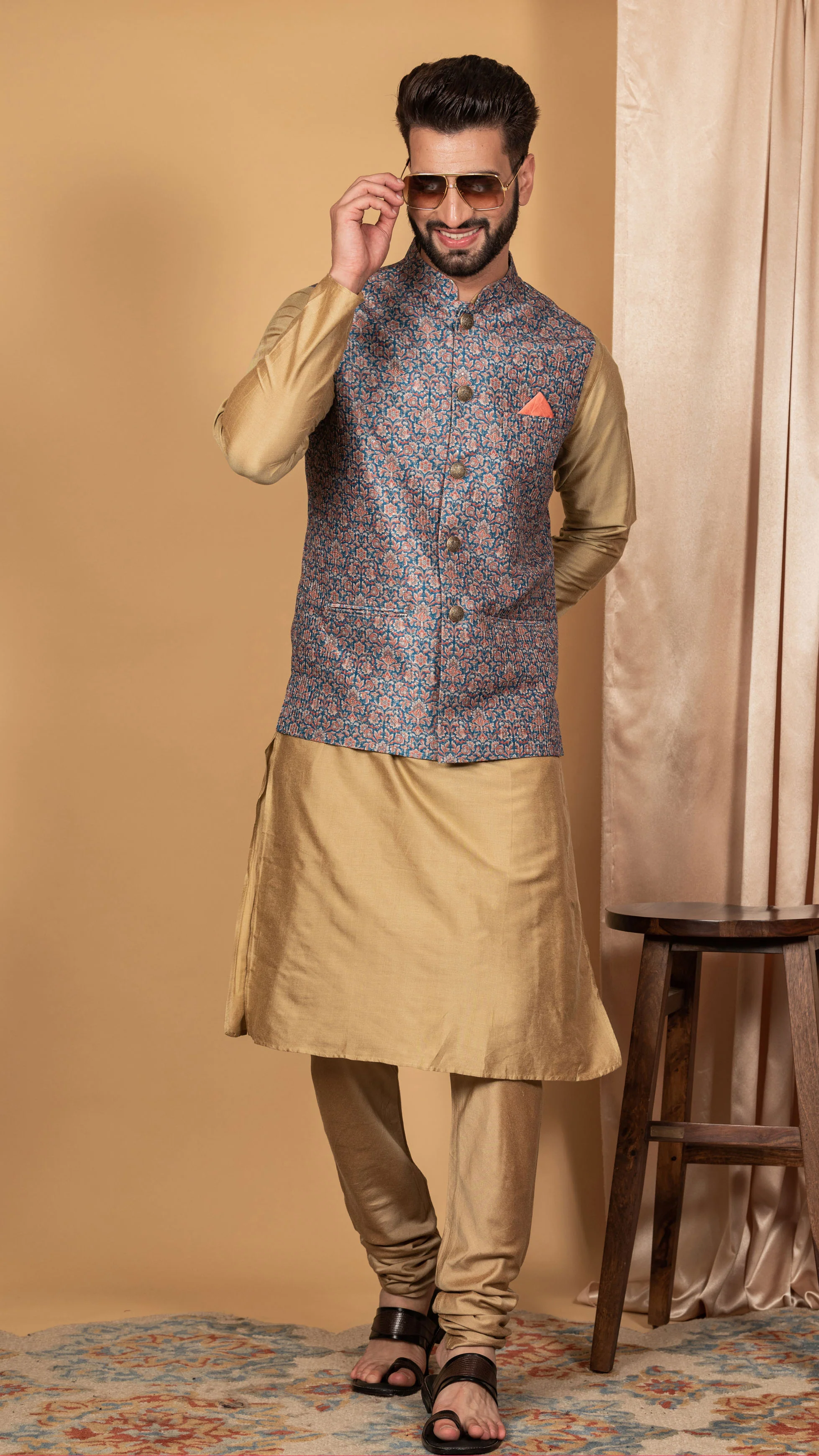 Men Blue Kurta Jacket Set - Image 6