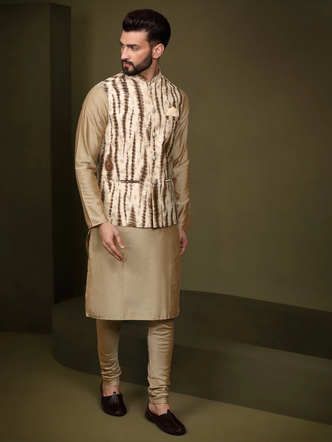 Men Cream Kurta Jacket Set - Image 2